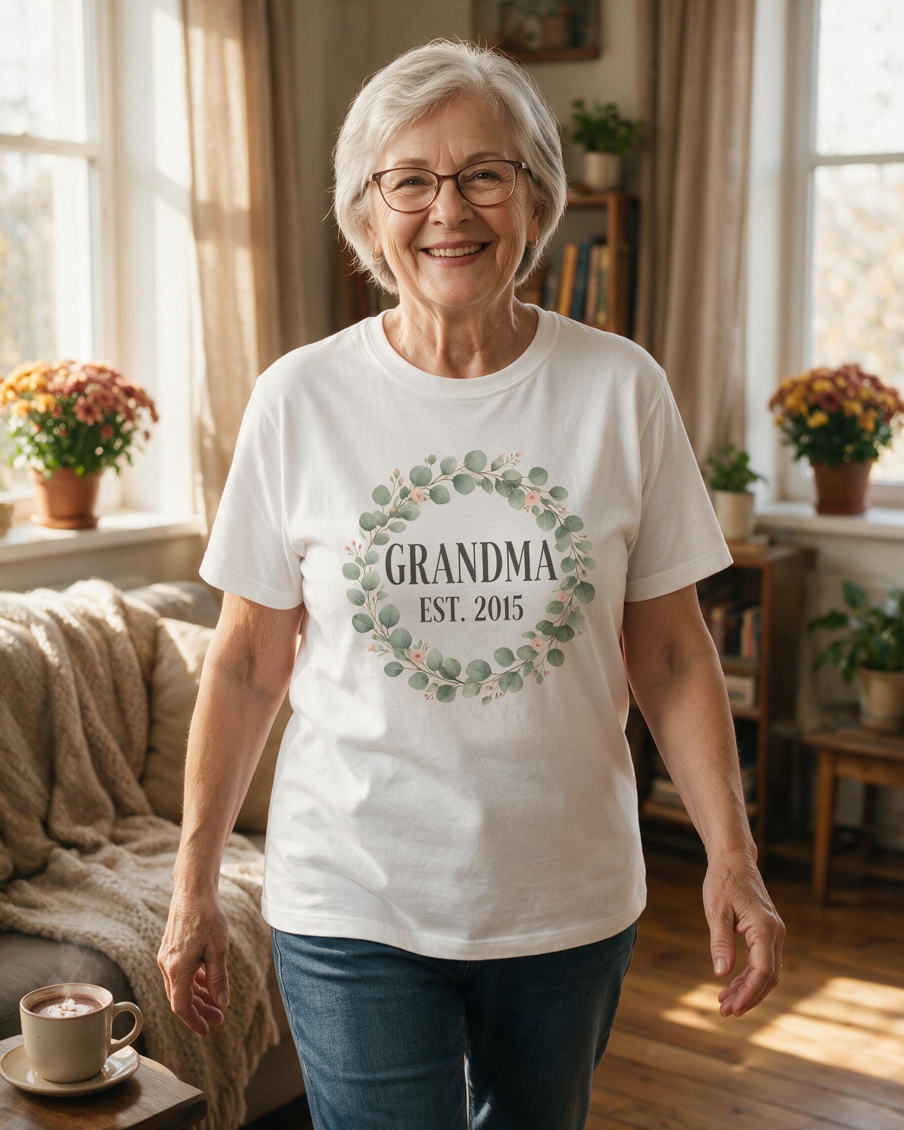 Grandma Established Year Floral Wreath Keepsake Shirt — White