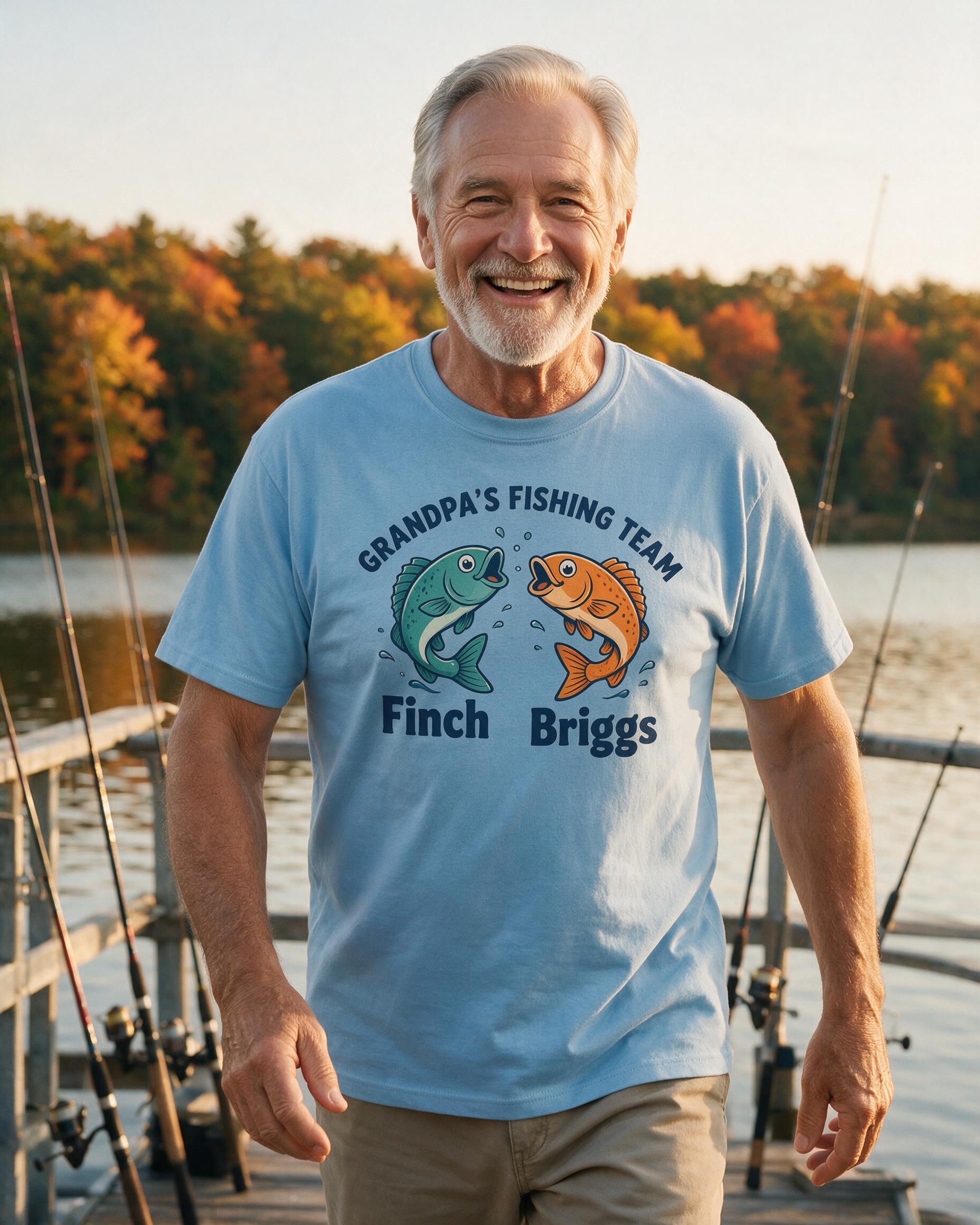 Grandpa's Fishing Team Personalized Two Kids Names Shirt — Light Blue