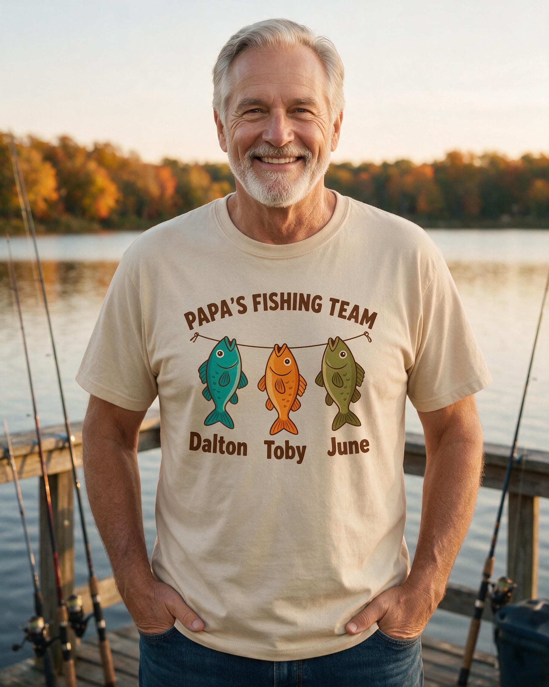 Papa's Fishing Team Custom Three Grandkids Shirt — Sand