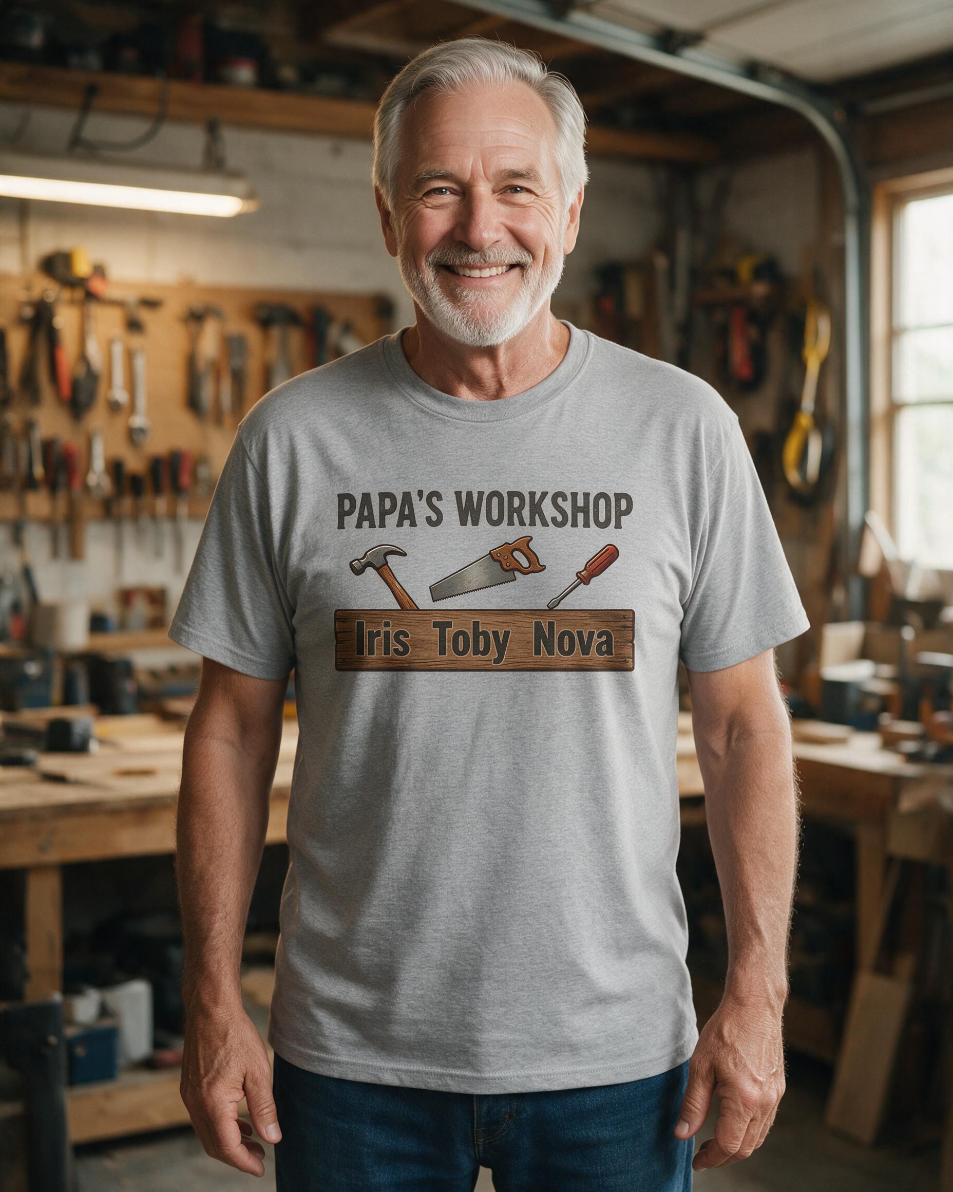 Papa's Workshop Tool Plank Three Names Shirt — Sport Grey