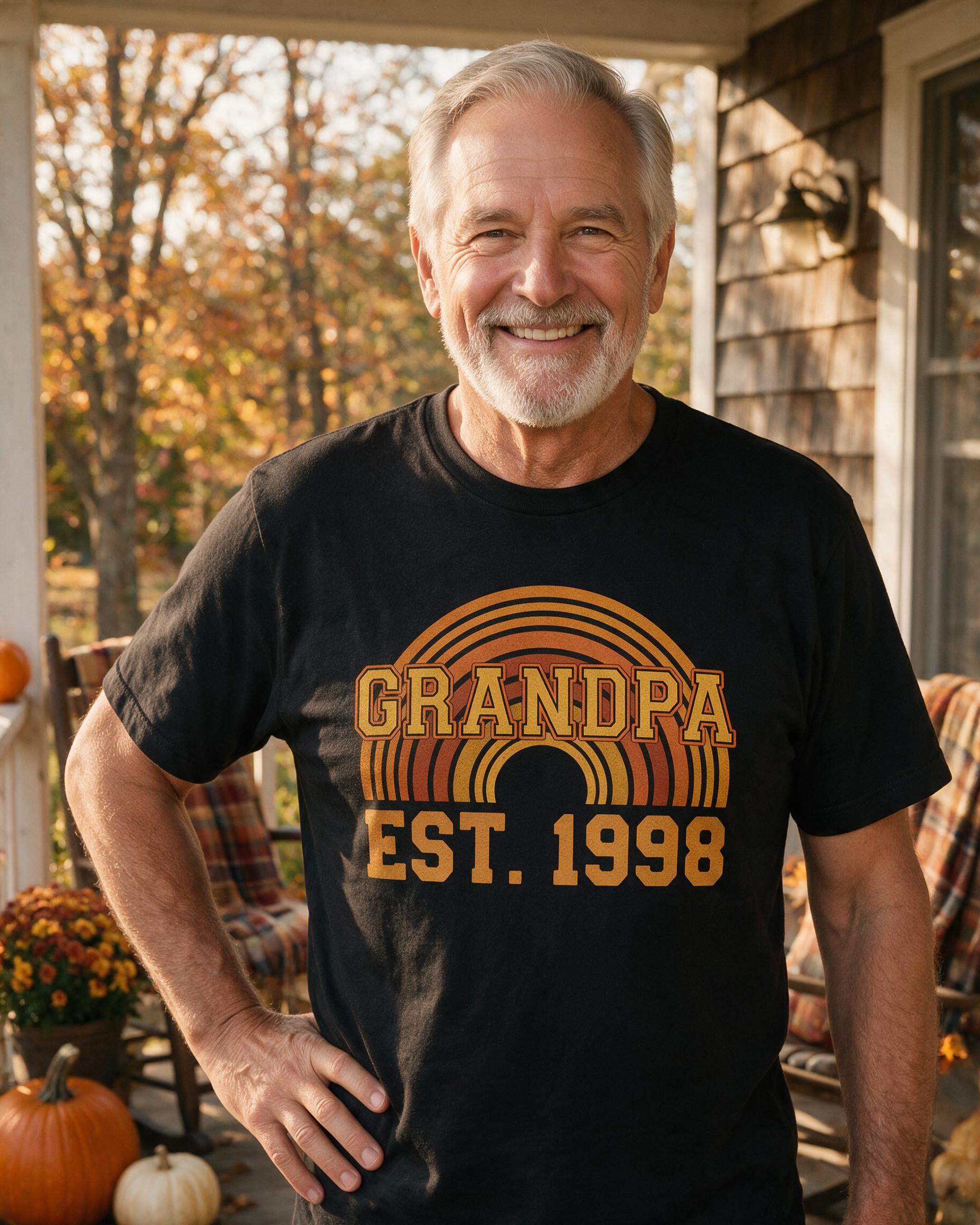Grandpa Est. 1998 Retro Sunset Varsity Shirt — Black