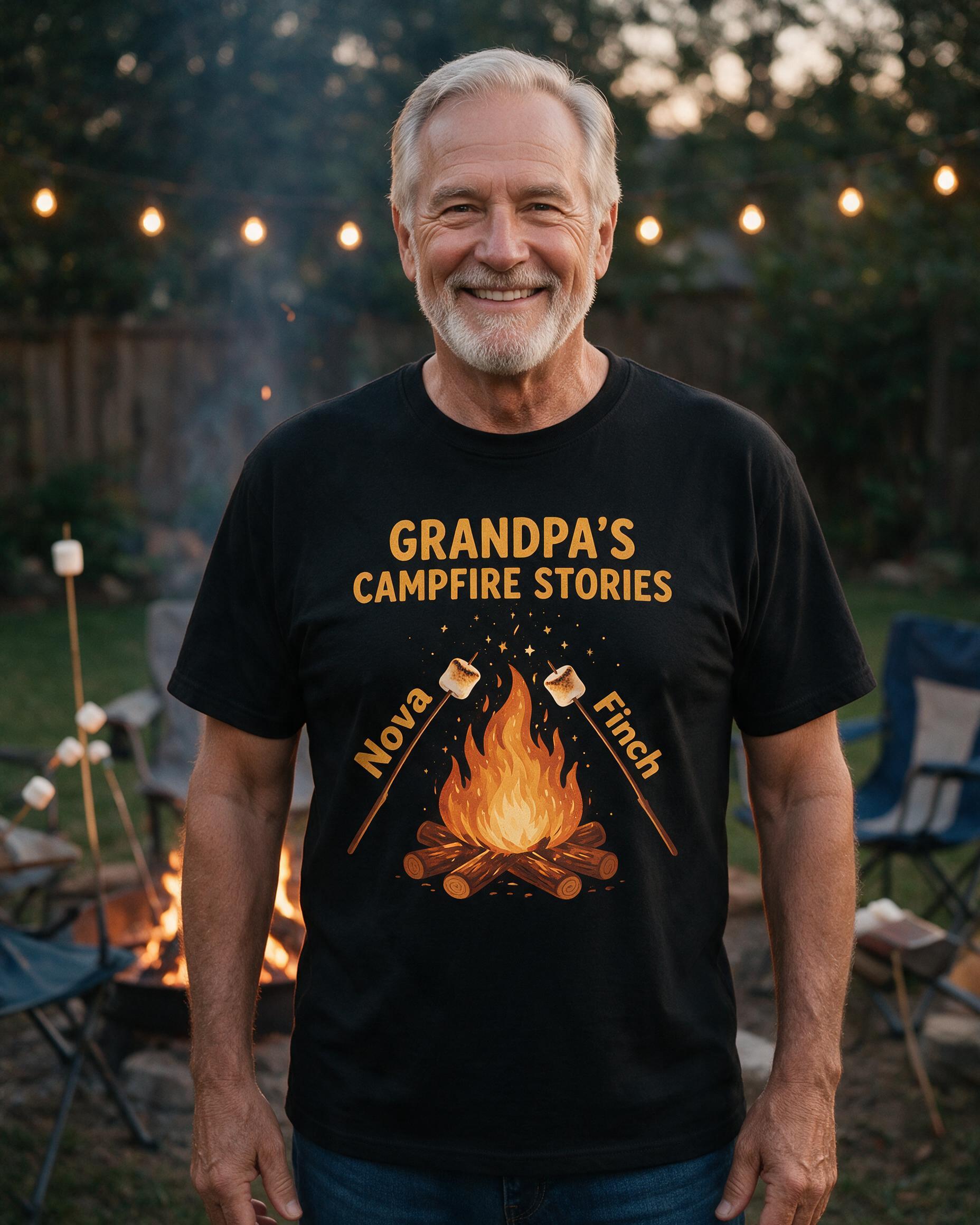Grandpa's Campfire Stories Personalized Kids Names Shirt — Black