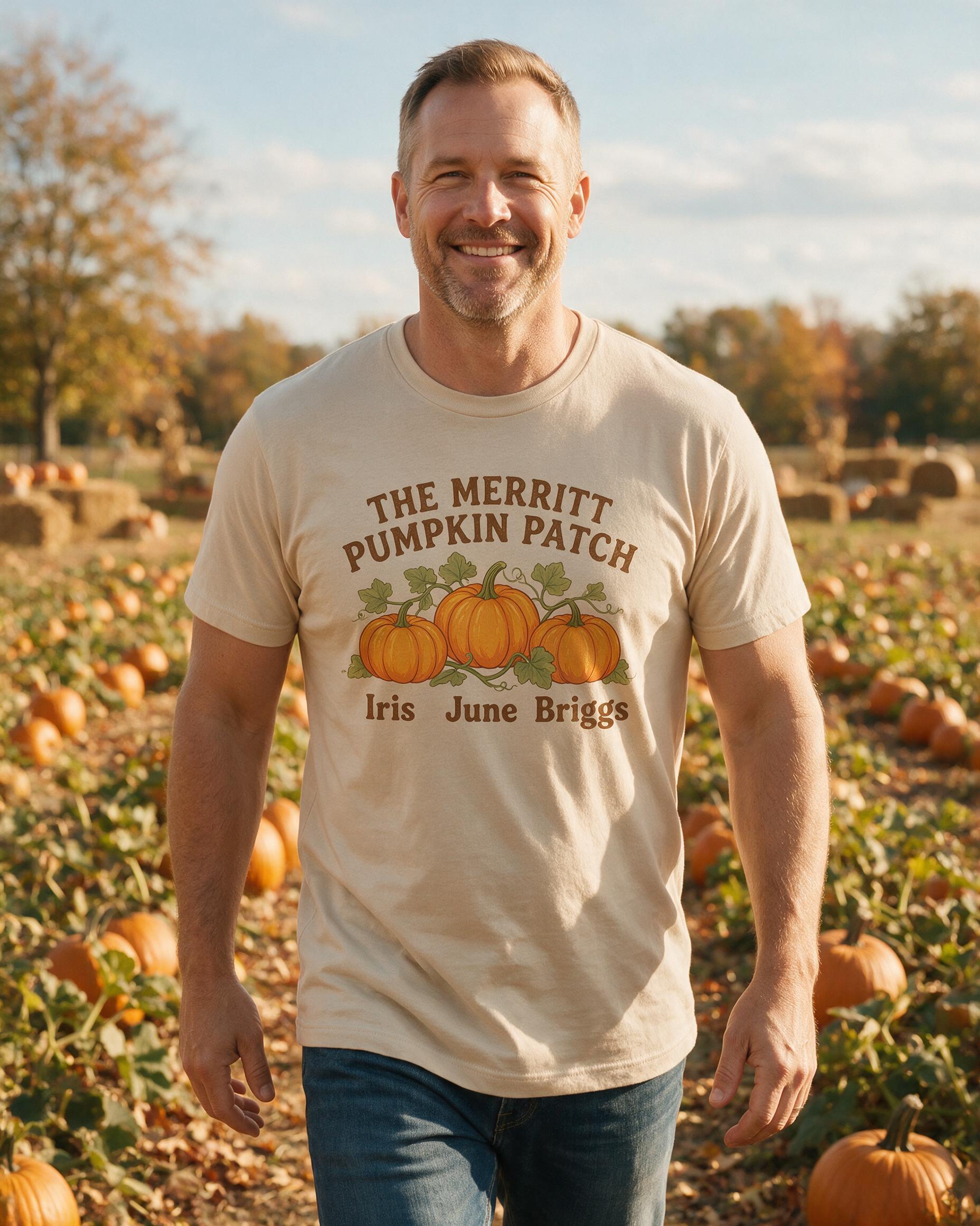 Pumpkin Patch Family Trio Personalized Fall Shirt — Sand