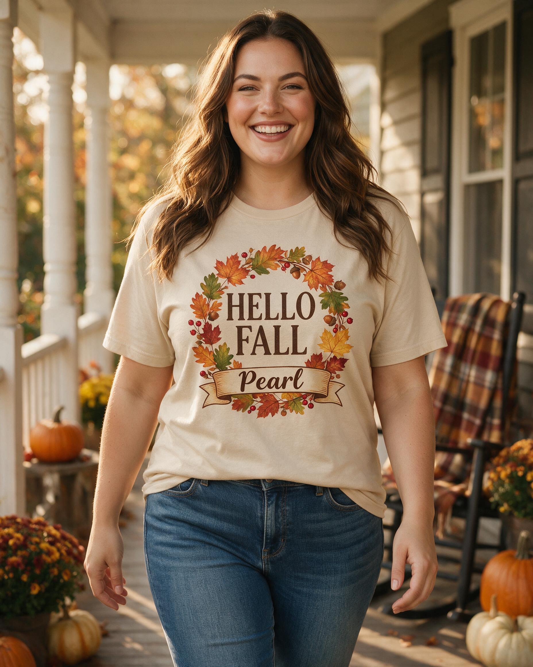 Hello Fall Wreath Personalized Name Shirt β Sand