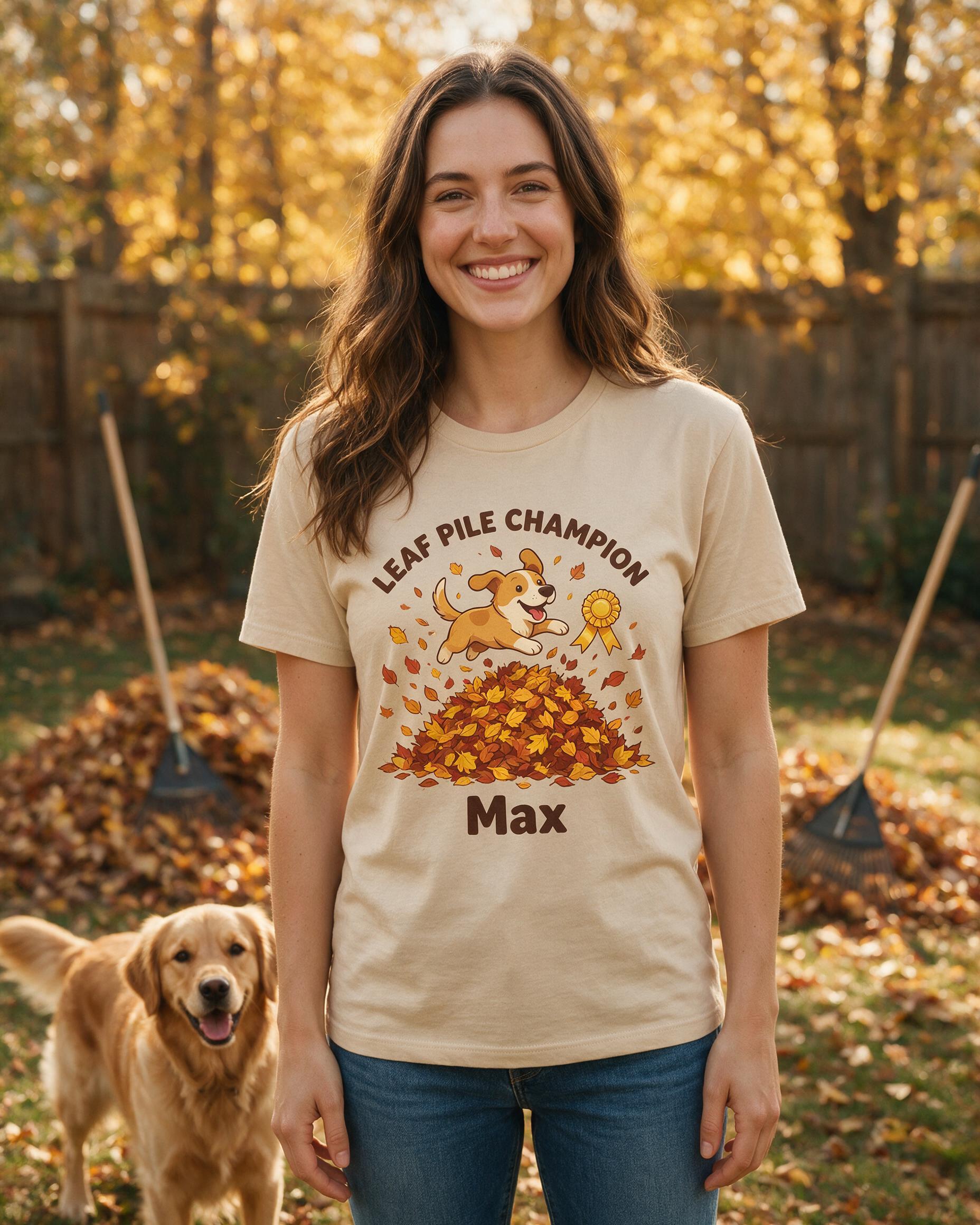 Leaf Pile Champion Custom Dog Photo Fall Shirt β Sand