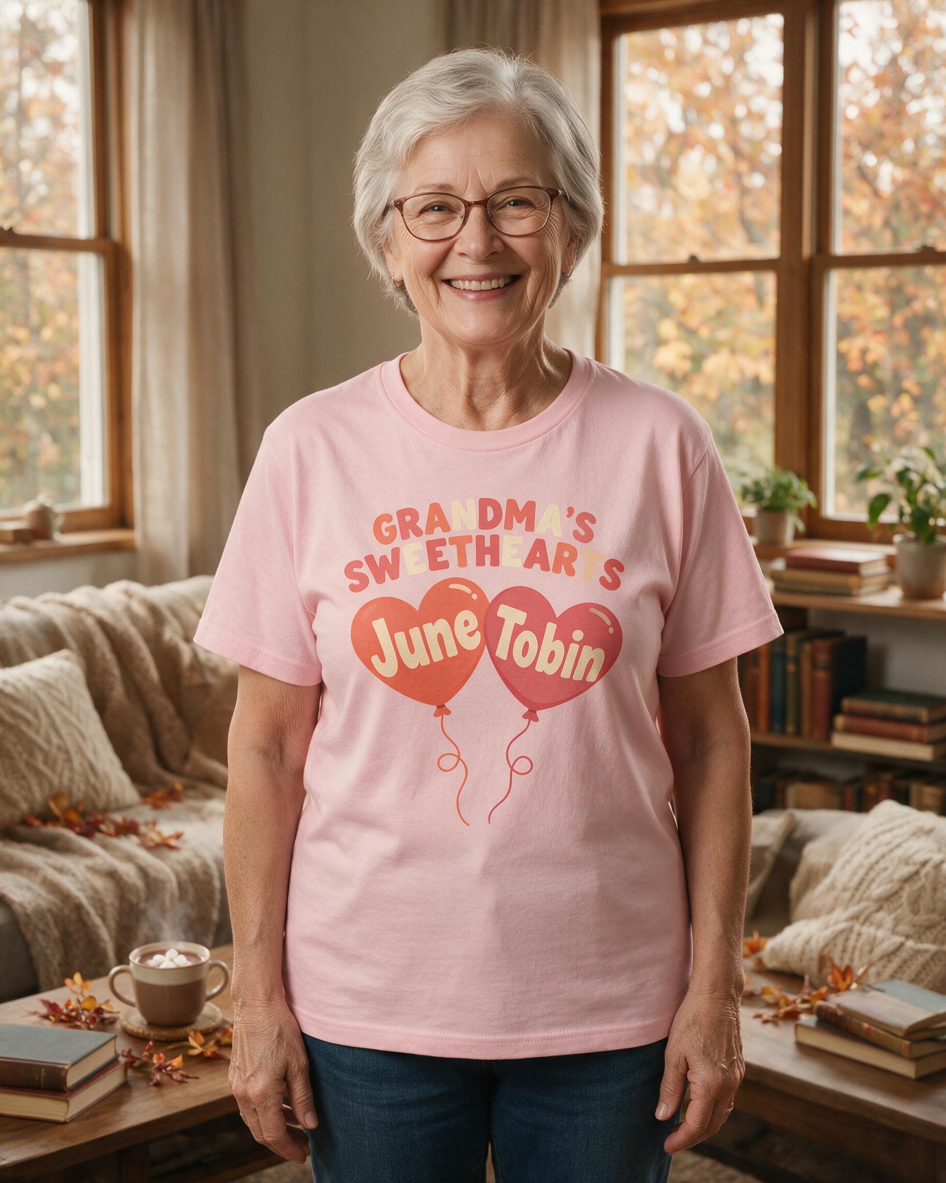 Grandma's Sweethearts Heart Balloons Two Names Shirt — Light Pink