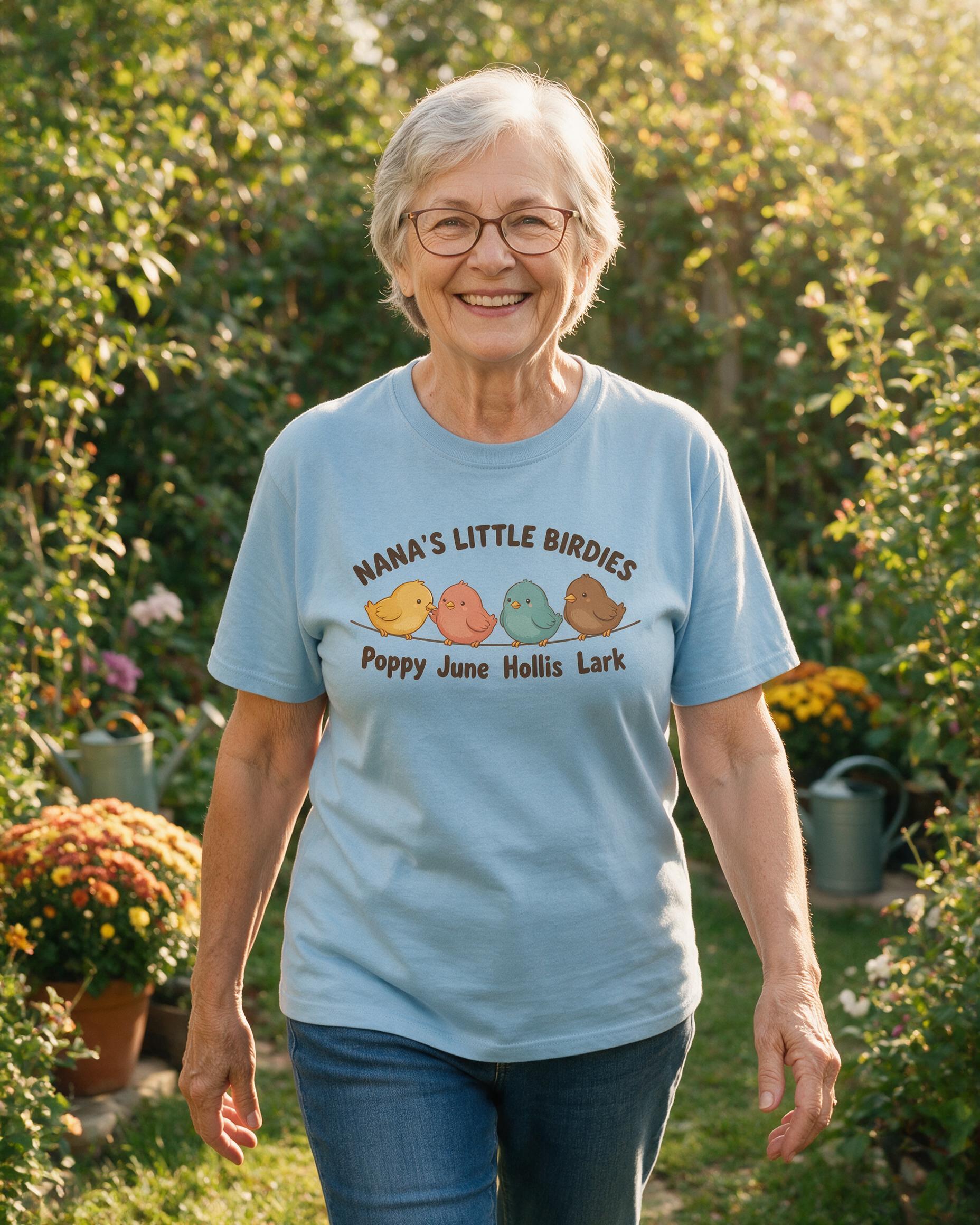 Nana's Little Birdies On A Wire Four Names Shirt — Light Blue