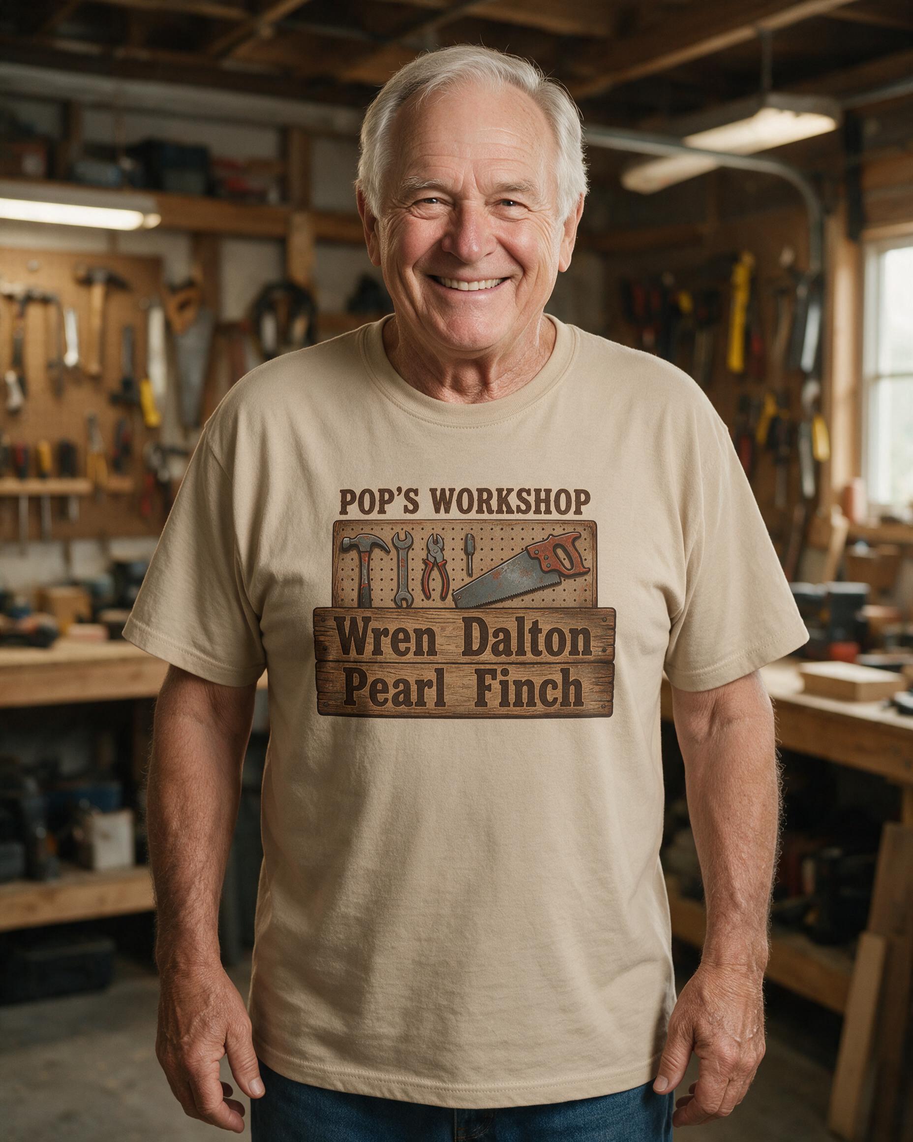Pop's Workshop Pegboard Four Grandkids Shirt — Sand