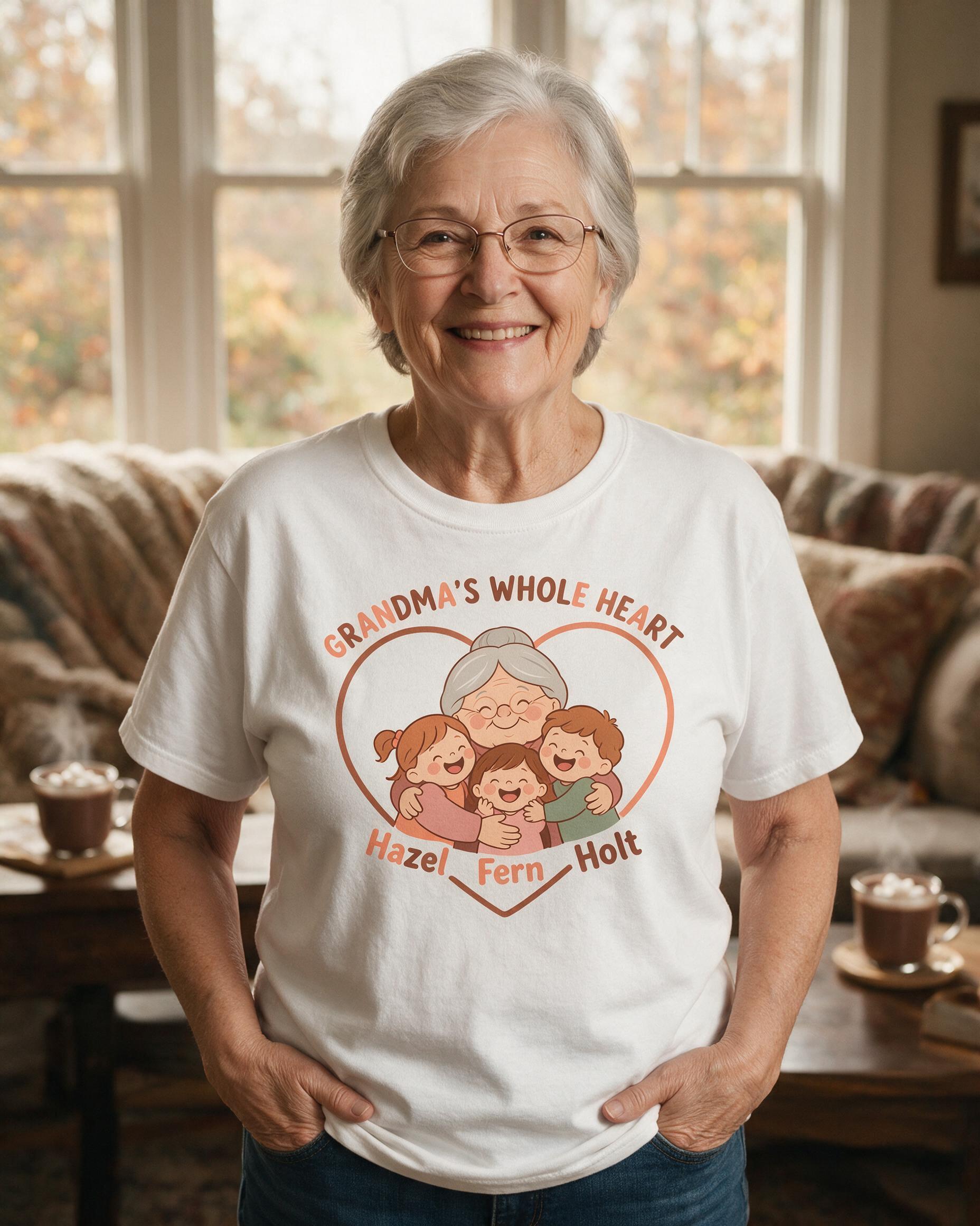 Grandma's Whole Heart Grandkids Names Shirt — White