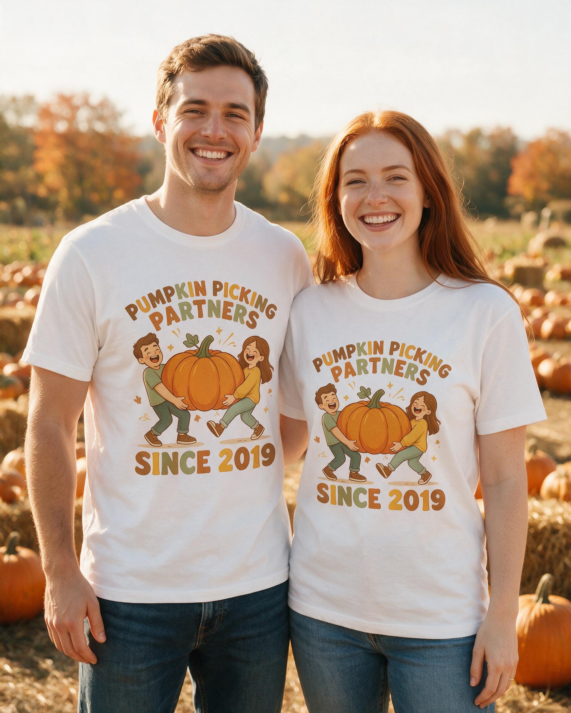 Pumpkin Picking Partners Couple Photo Fall Shirt β White