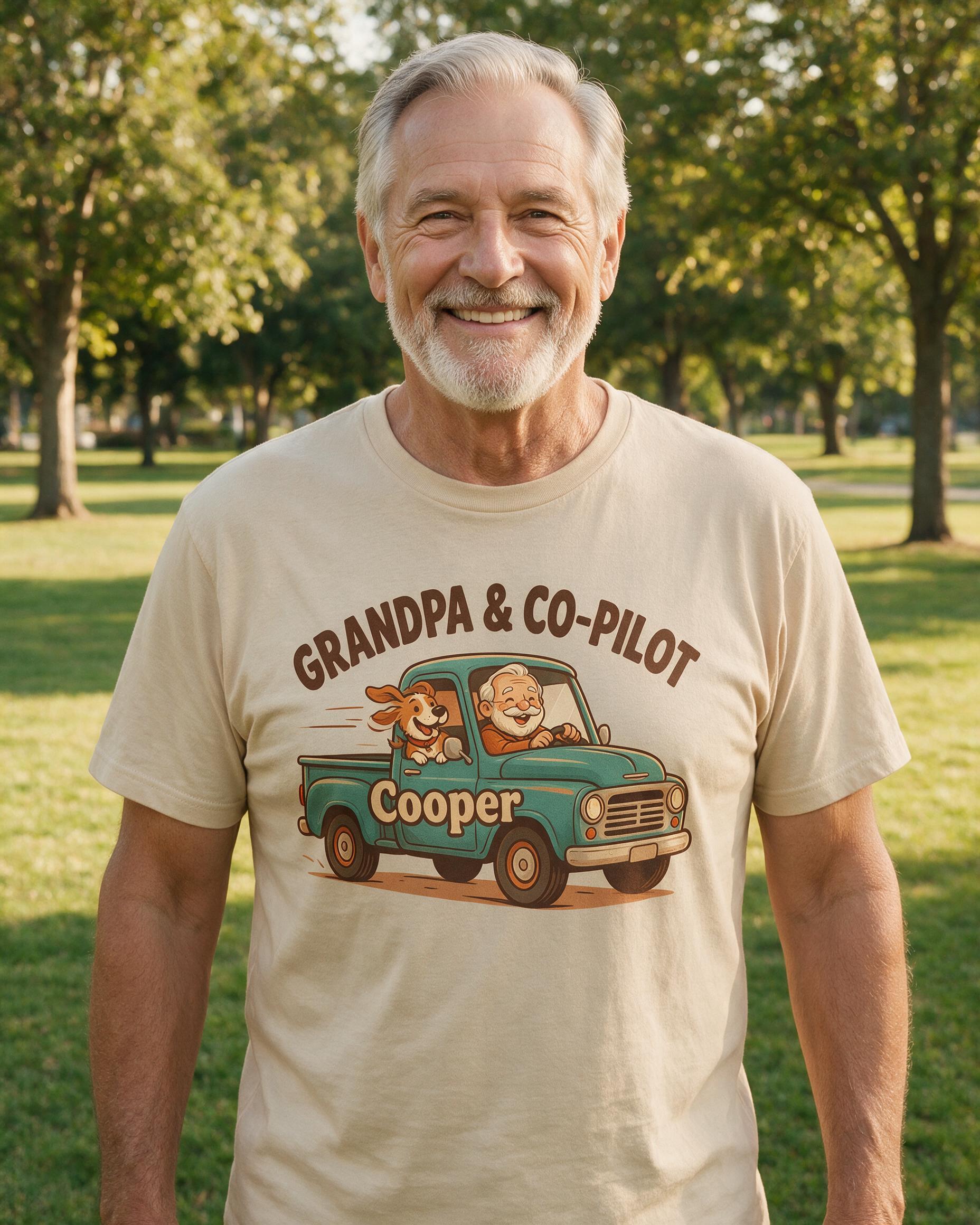 Grandpa & Co-Pilot Personalized Dog Truck Shirt — Sand