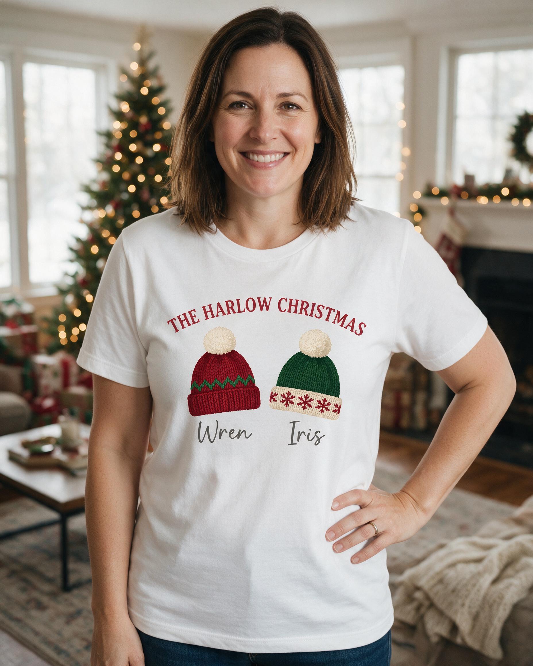 Family Santa Hats Two Names Christmas Matching Shirt — White