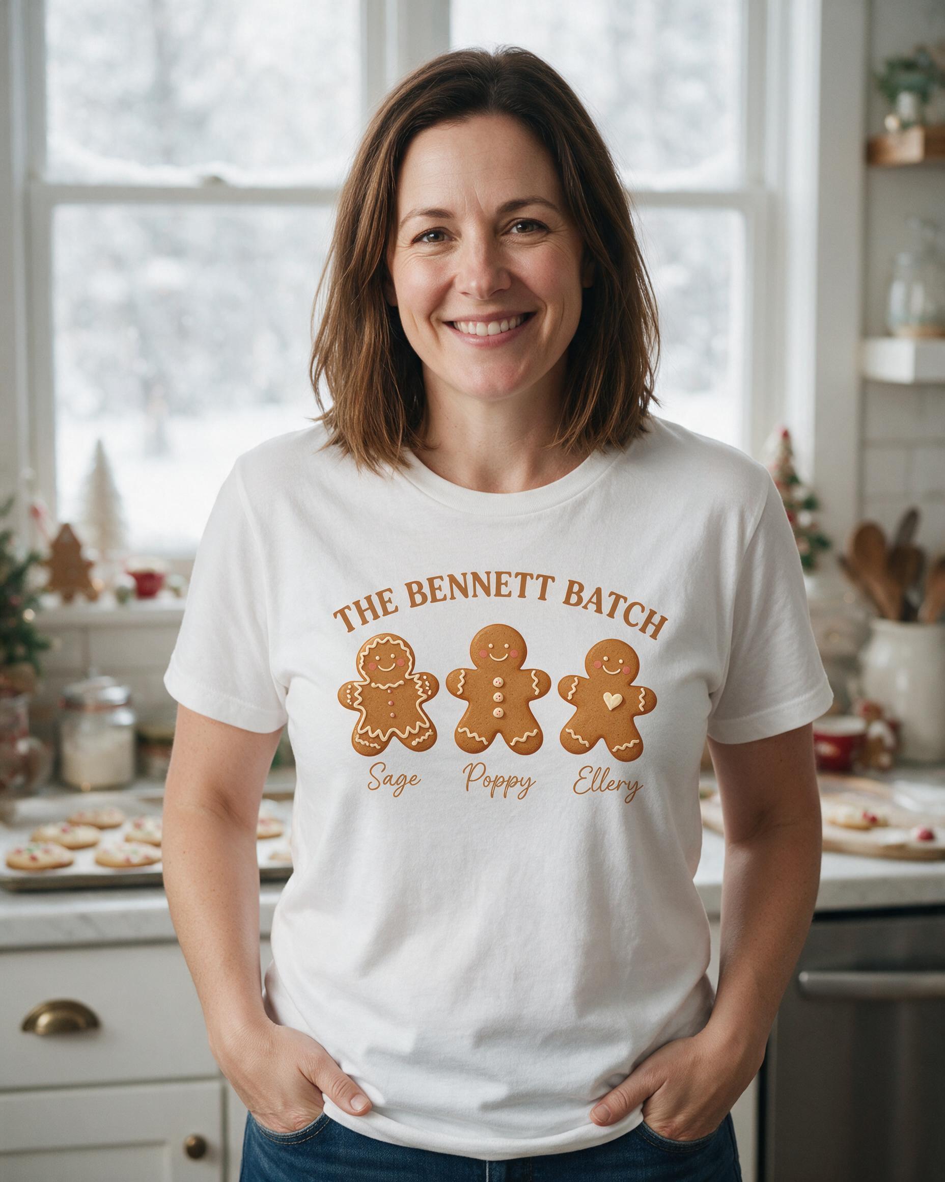 Gingerbread Family Batch Three Names Personalized Christmas Shirt — White