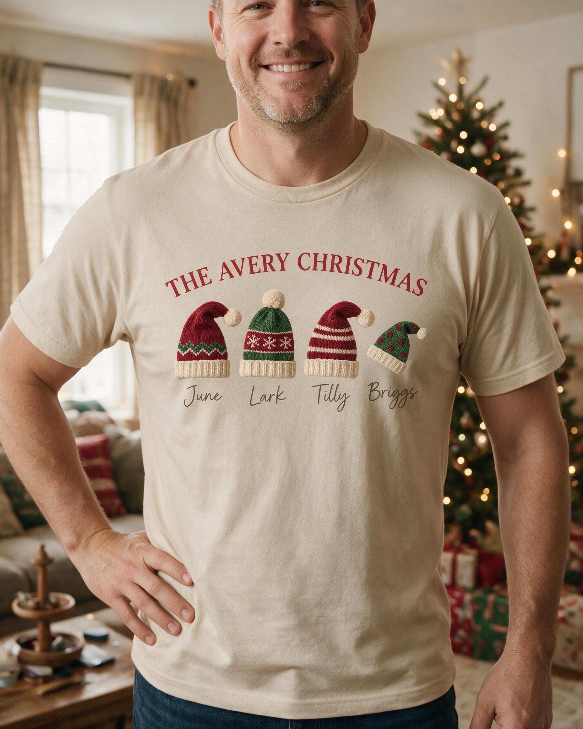 Santa Hat Family Of Four Custom Names Christmas Shirt — Sand