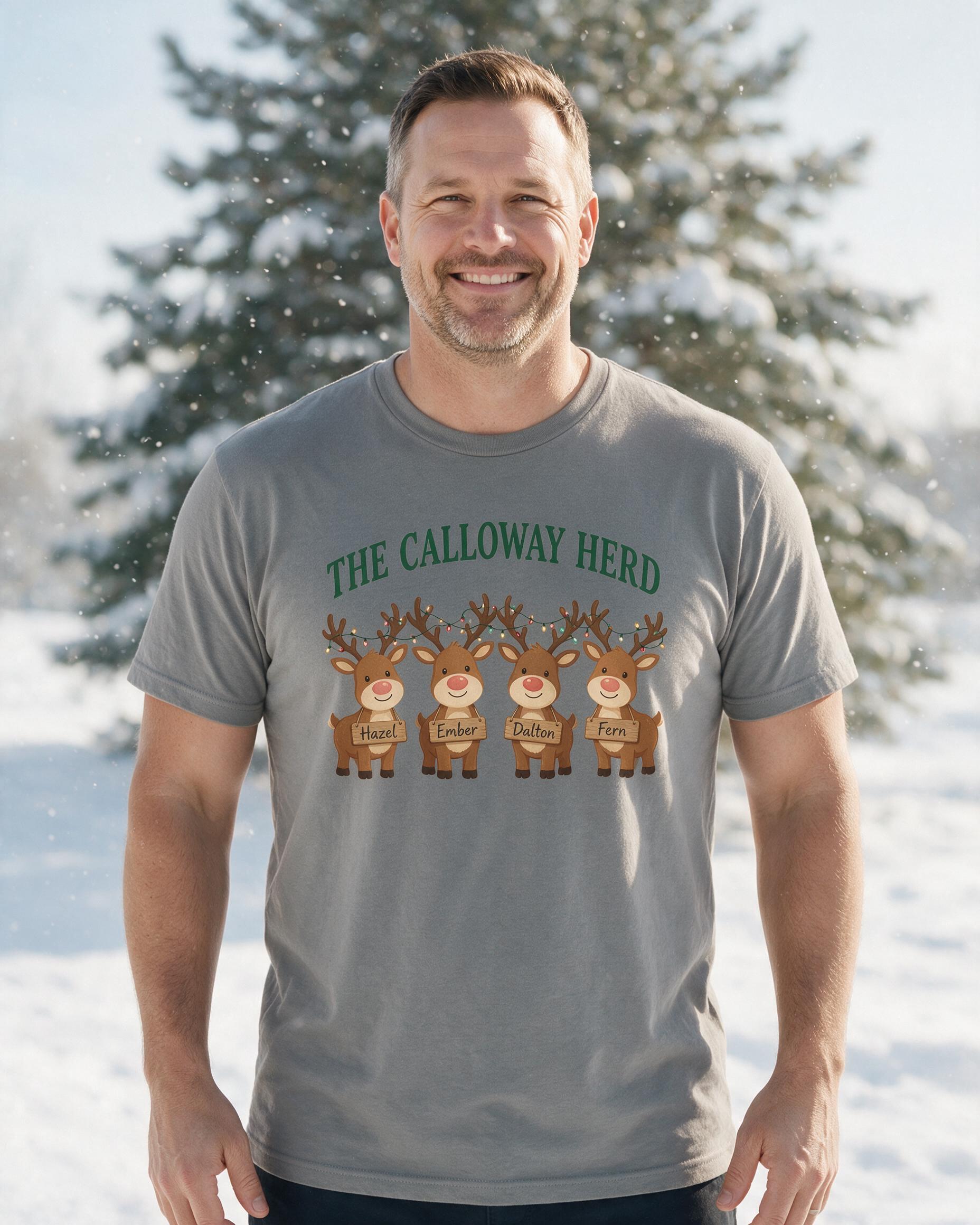 Reindeer Herd Family Four Names Personalized Christmas Shirt — Sport Grey