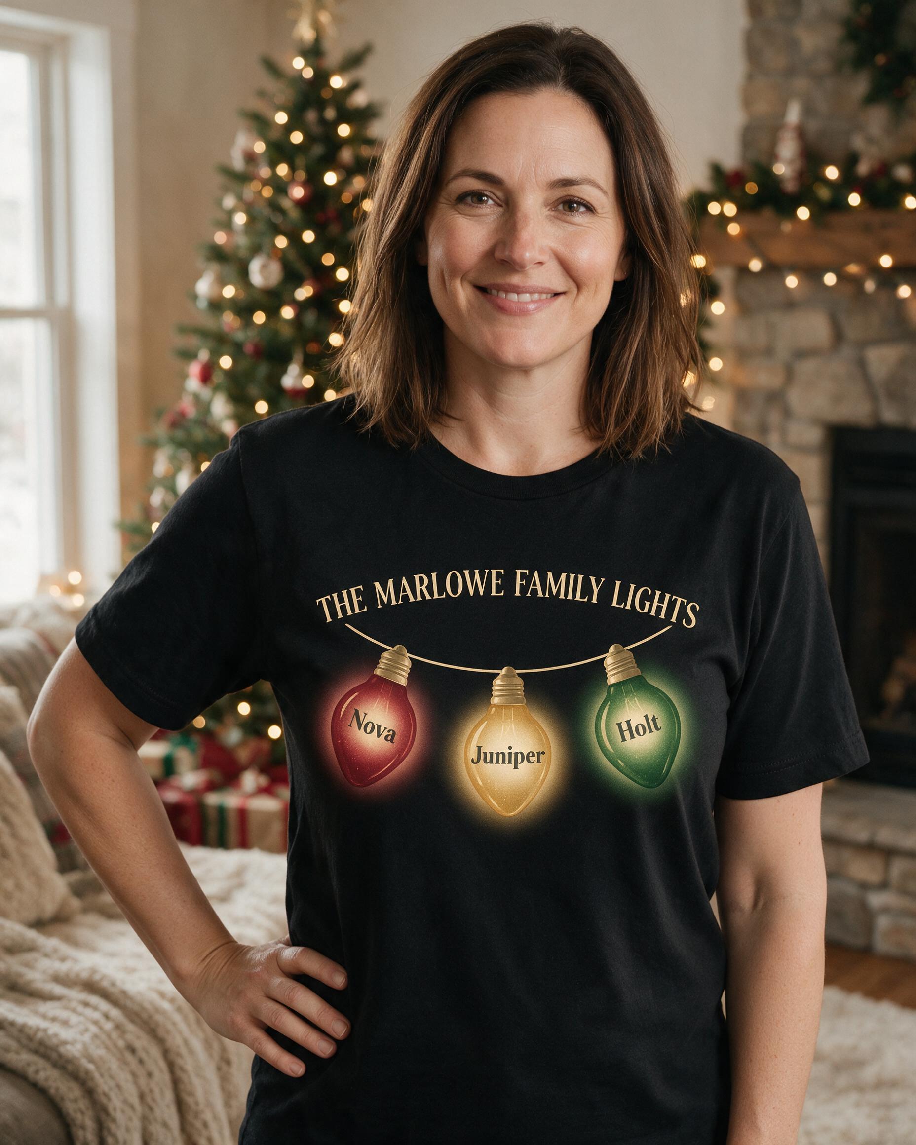 Family Lights Glowing Bulb Names Personalized Christmas Shirt β Black