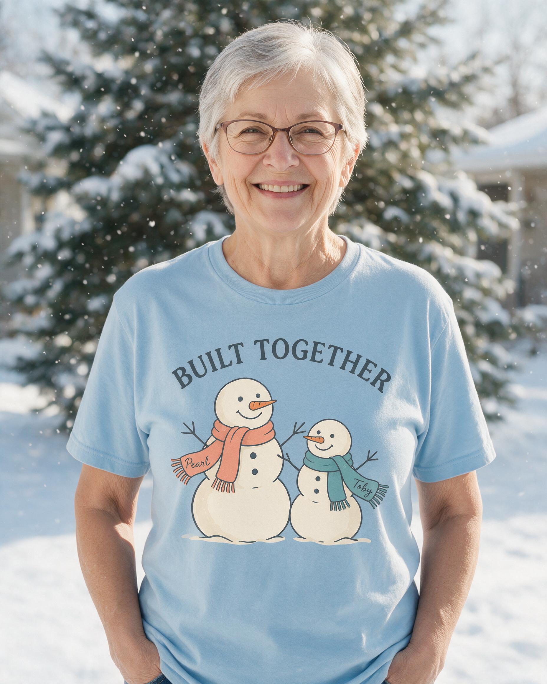 Built Together Snowman Family Two Names Christmas Shirt — Light Blue