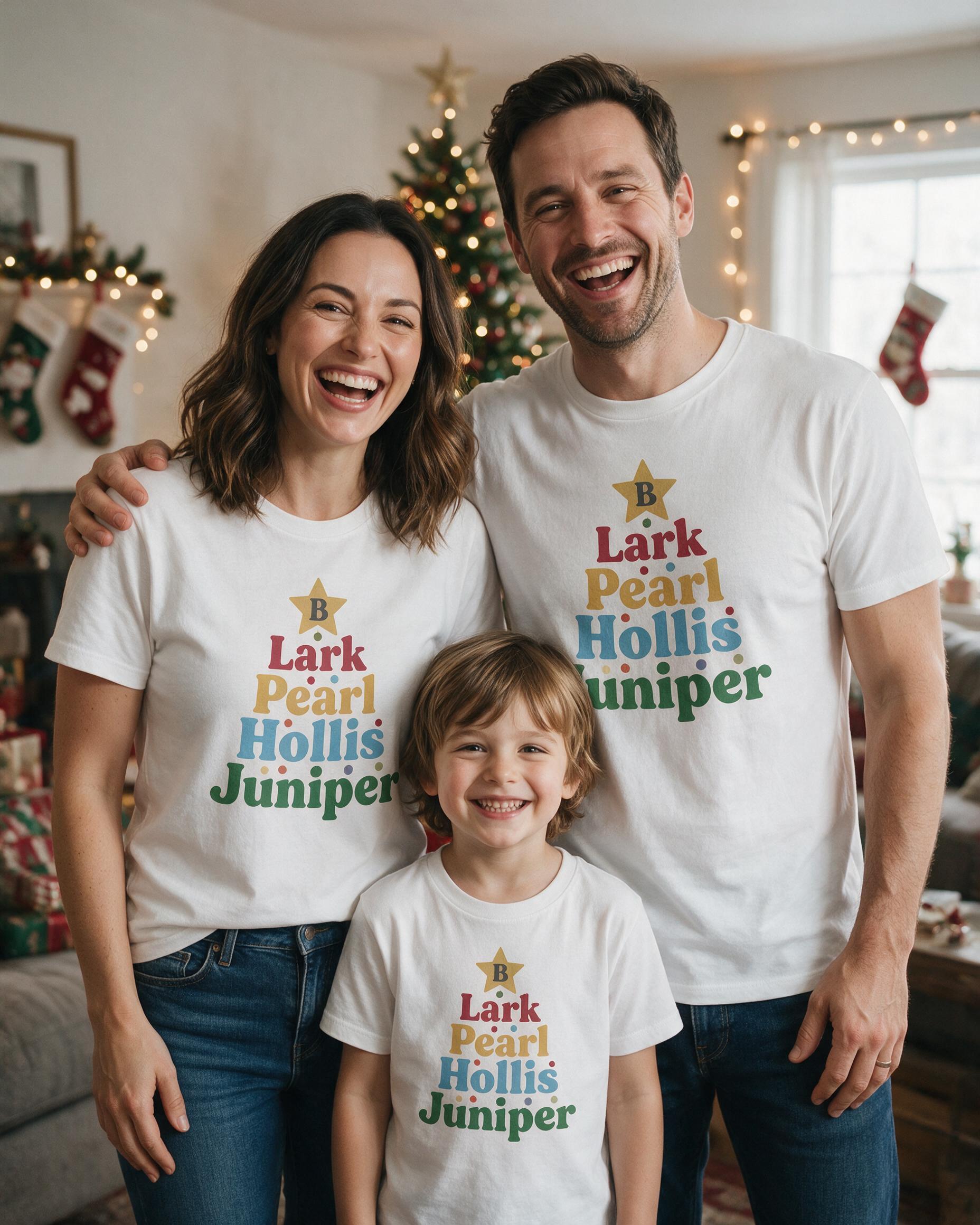 Name Stack Christmas Tree Family Of Four Personalized Shirt — White