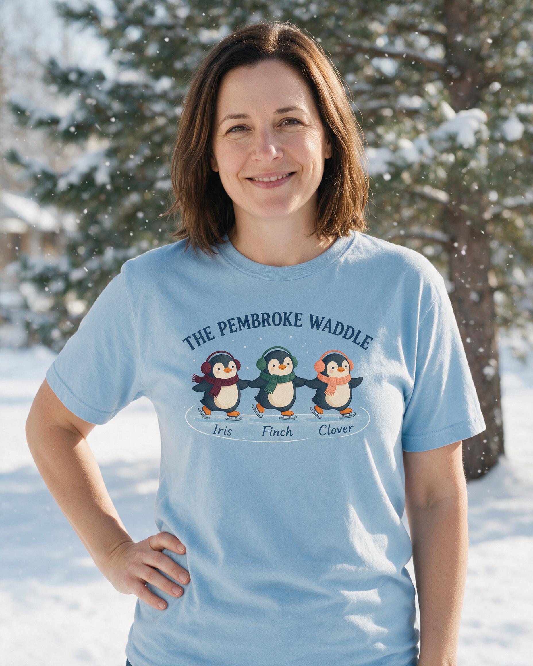 Penguin Waddle Family Three Names Ice Skating Christmas Shirt — Light Blue
