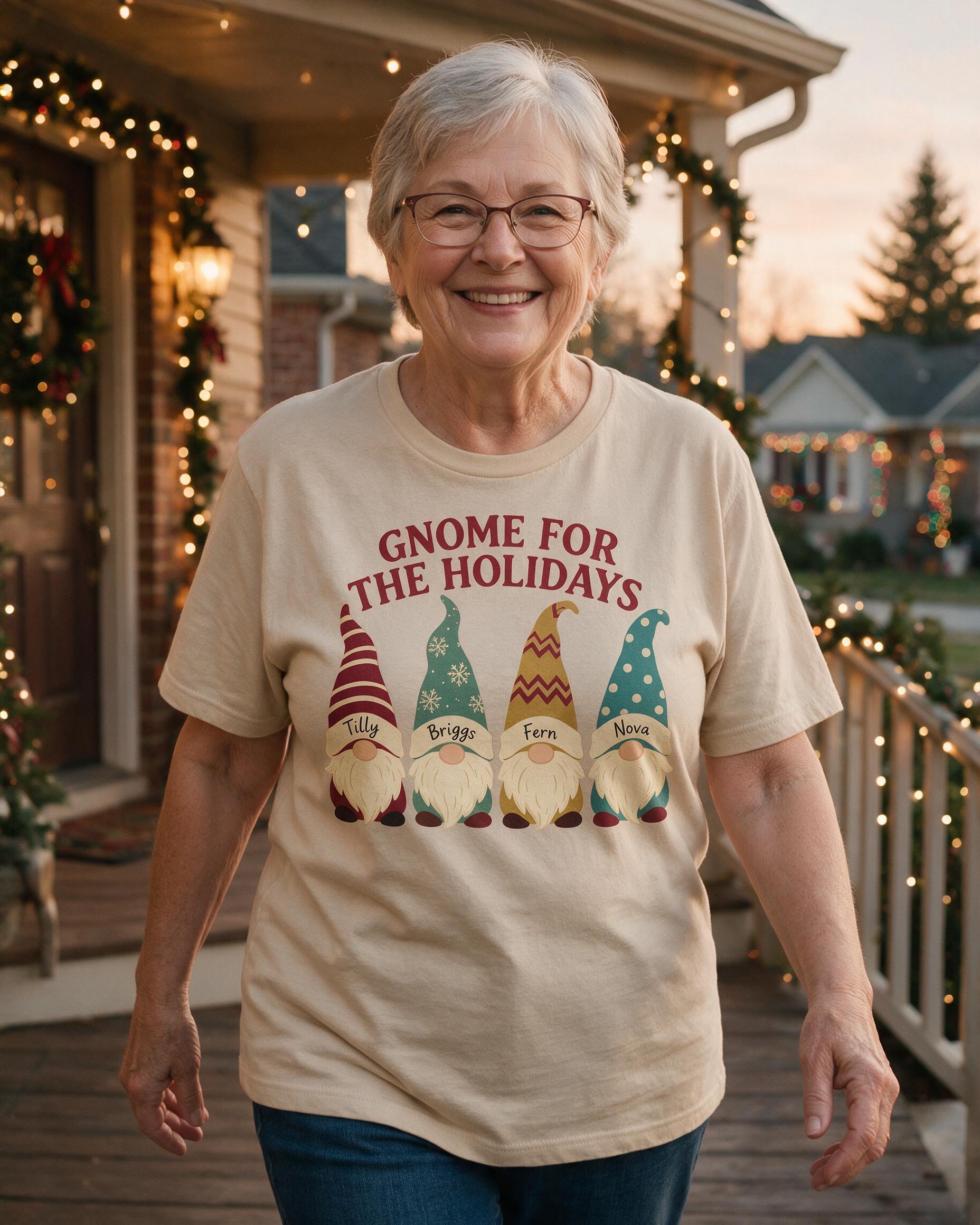 Gnome For The Holidays Four Names Personalized Christmas Shirt — Sand