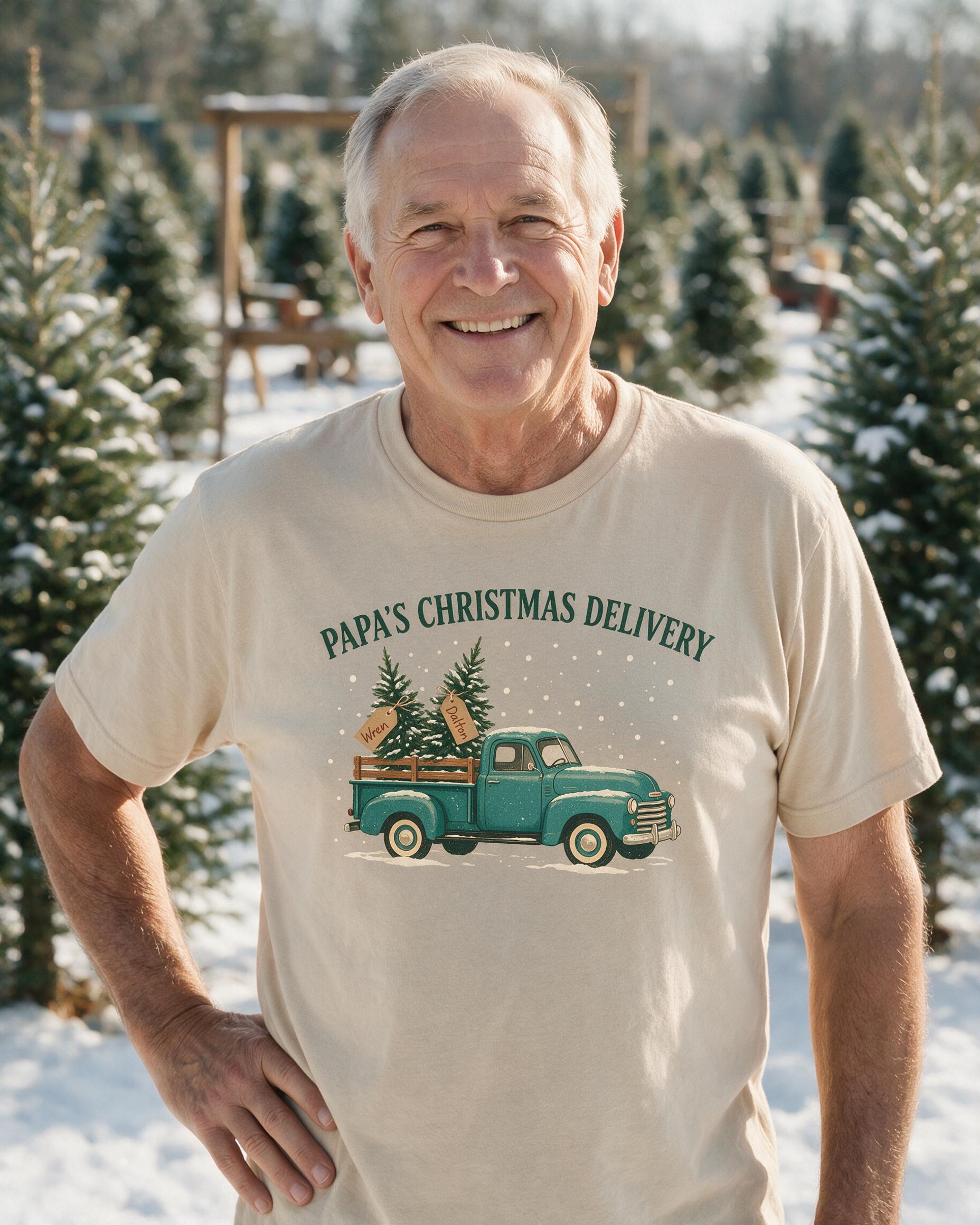 Papa's Christmas Delivery Vintage Truck Grandkid Names Shirt — Sand