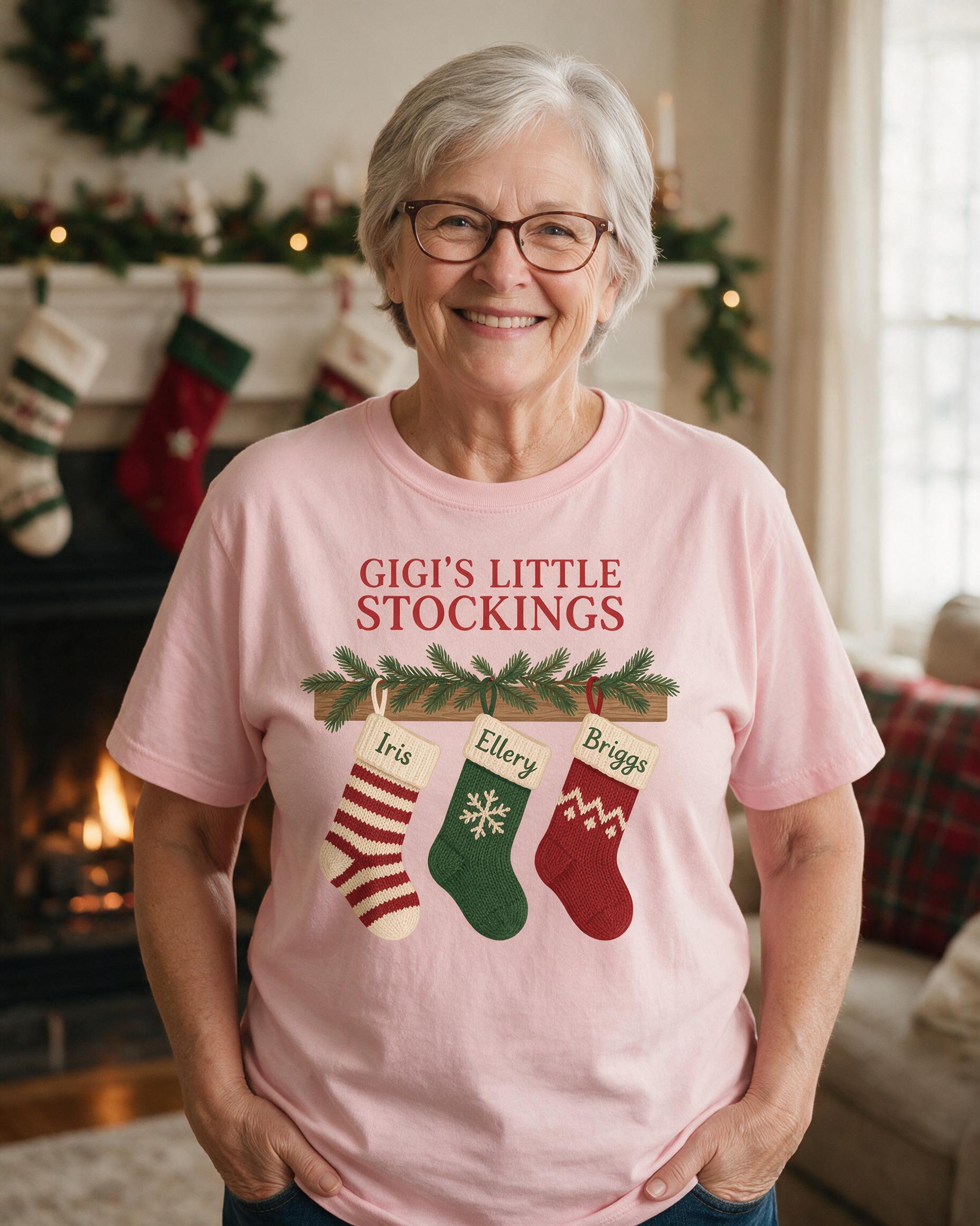 Gigi's Little Stockings Mantel Names Personalized Christmas Shirt β Light Pink