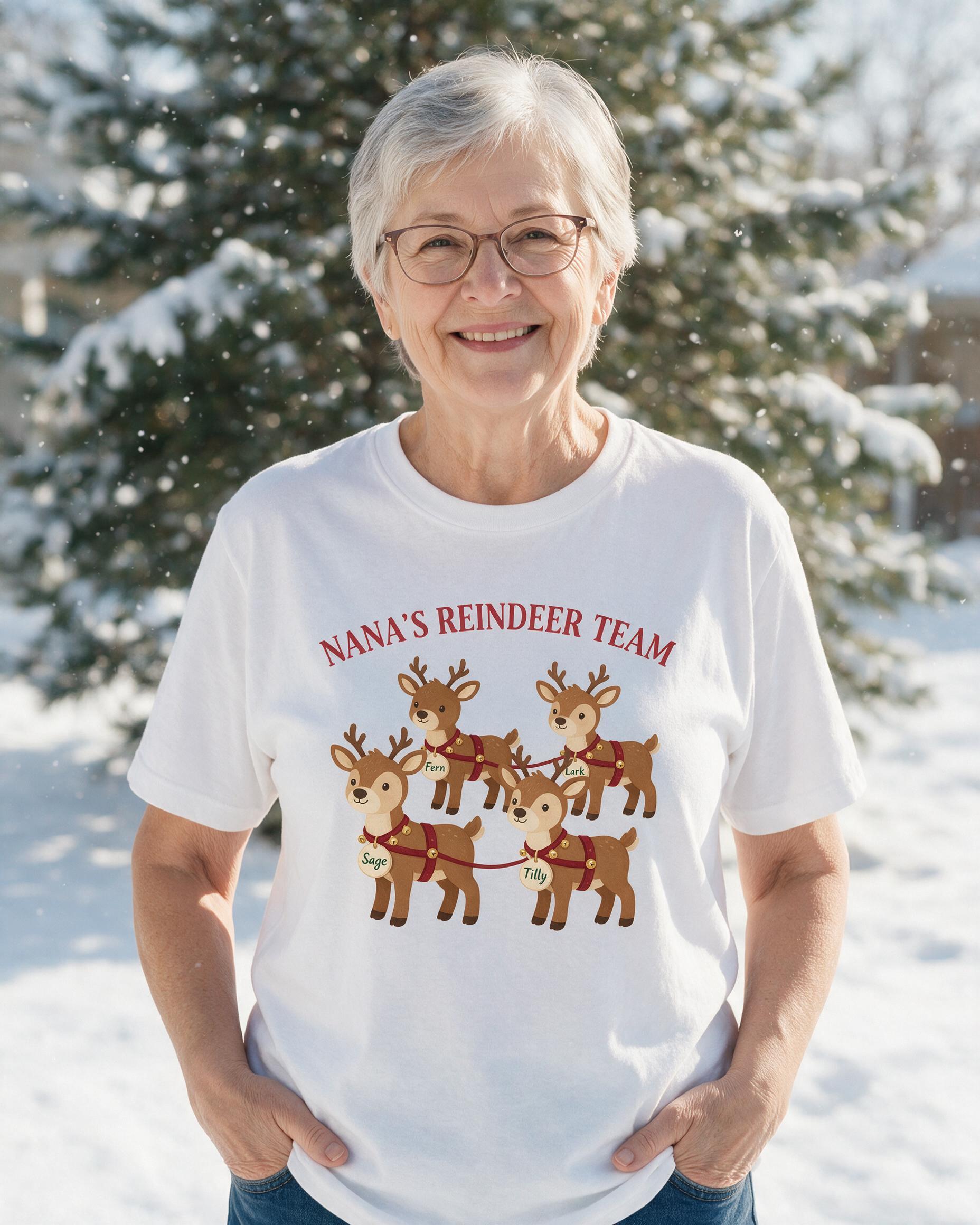 Nana's Reindeer Team Four Grandkid Names Christmas Shirt β White