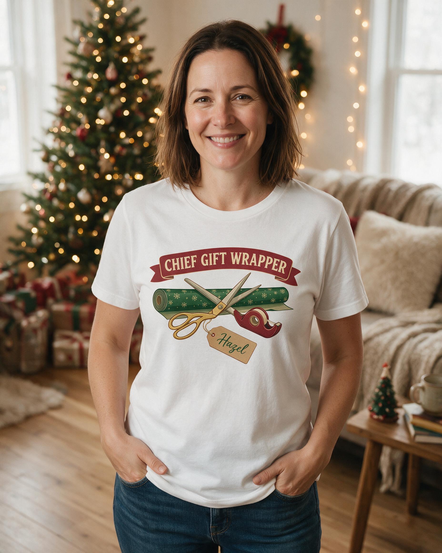 Chief Gift Wrapper Mom Name Personalized Christmas Shirt — White