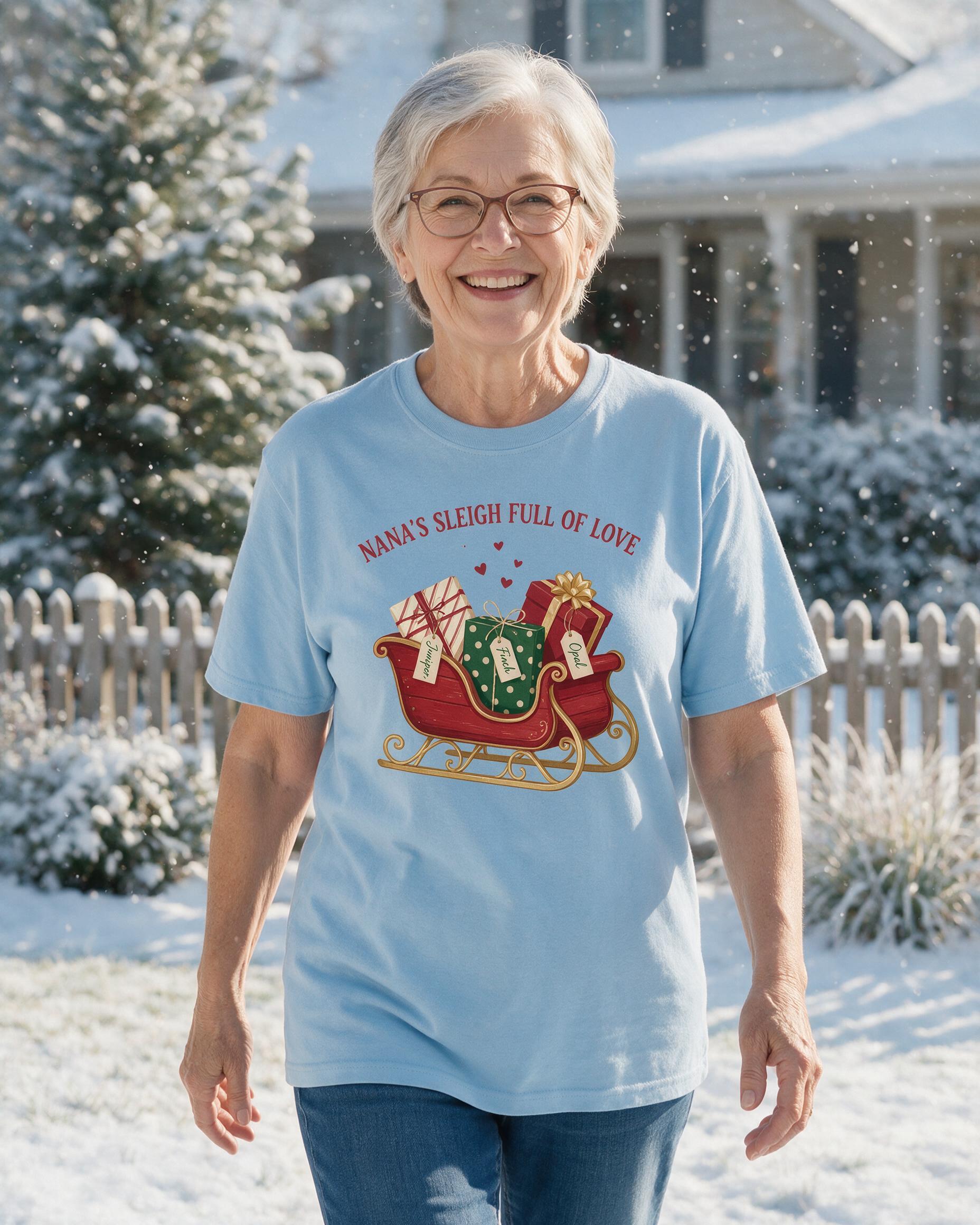 Nana's Sleigh Full Of Love Grandkid Names Christmas Shirt β Light Blue