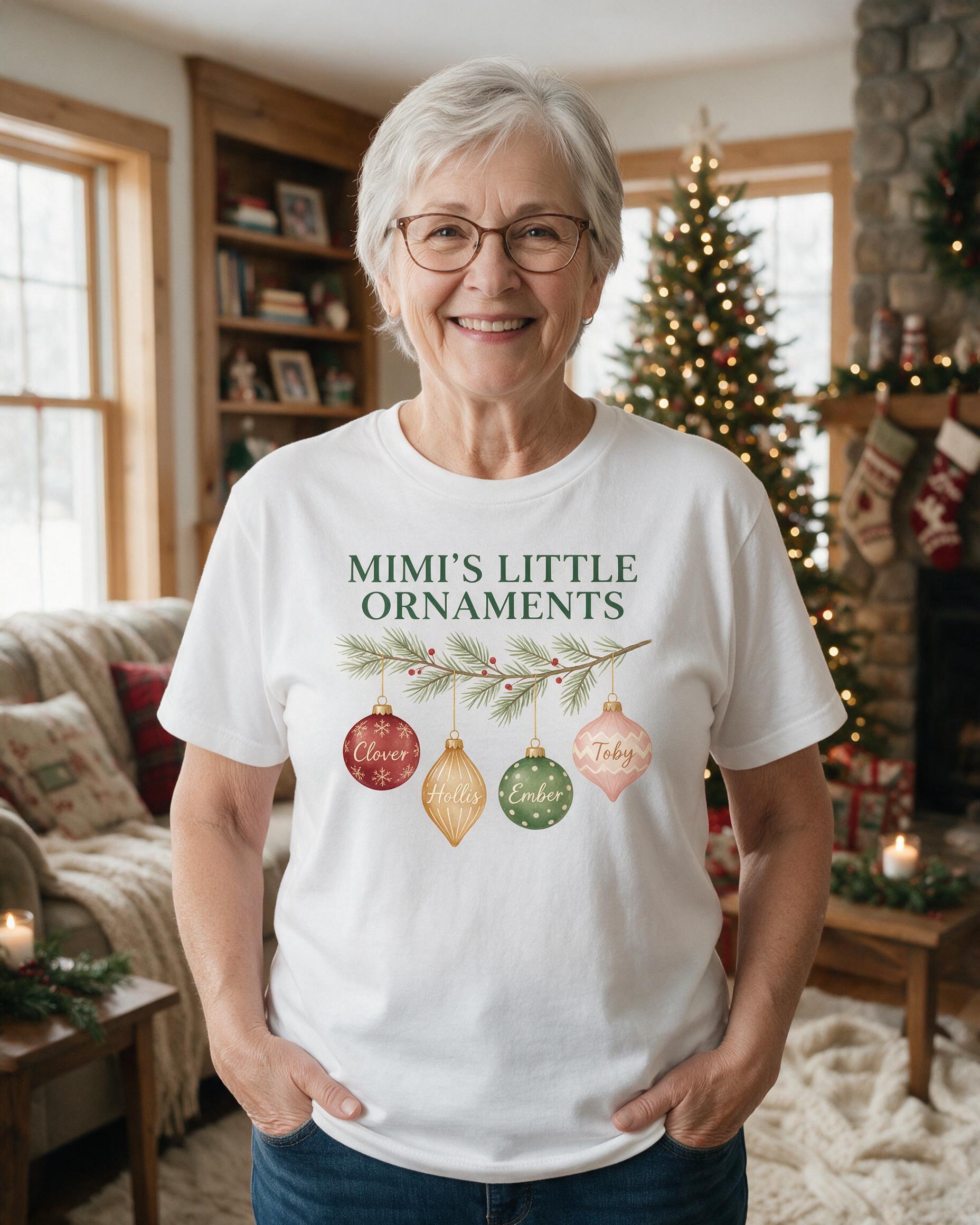 Mimi's Little Ornaments Grandkid Names Personalized Christmas Shirt β White