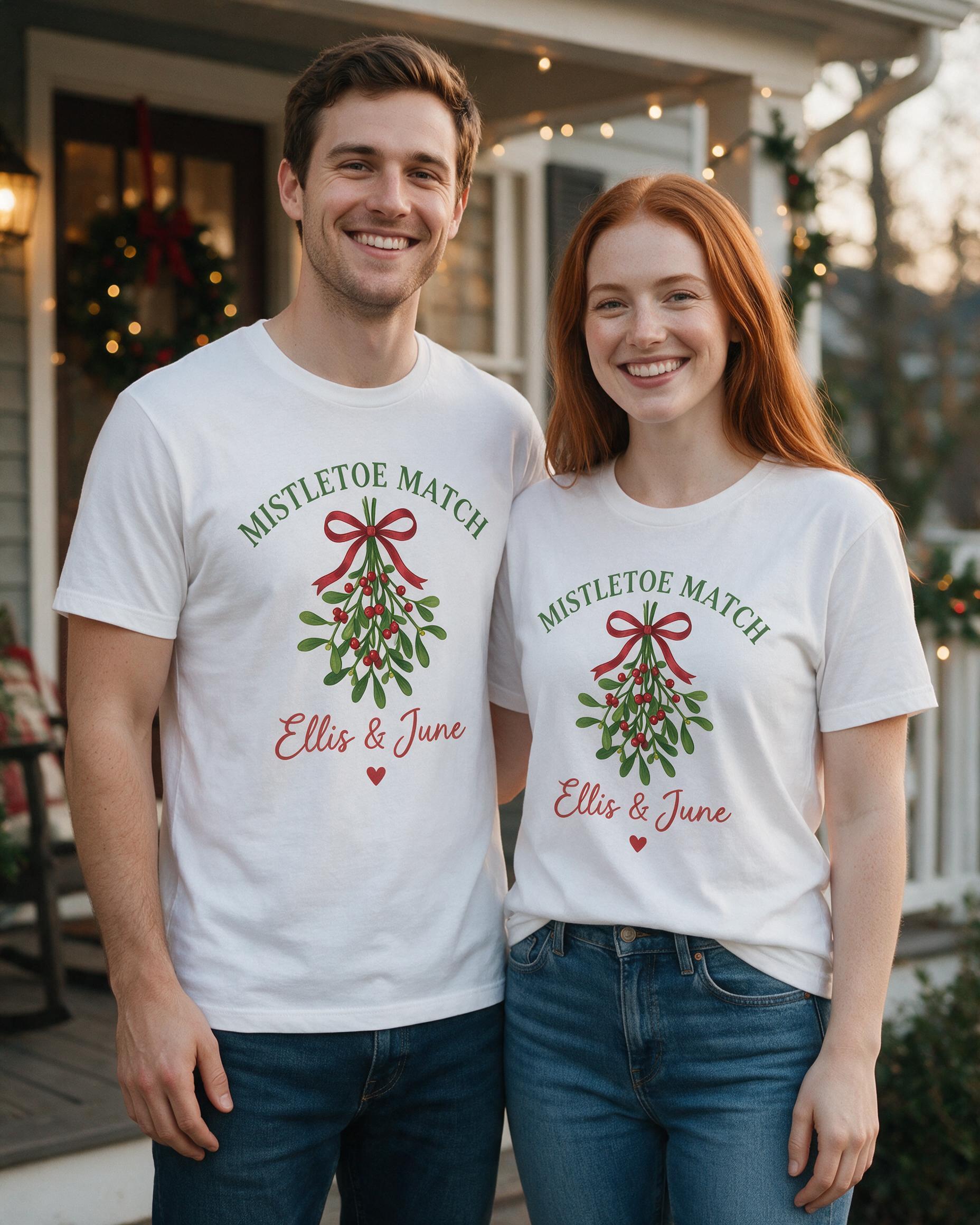 Mistletoe Match Couple Names Personalized Christmas Shirt β White