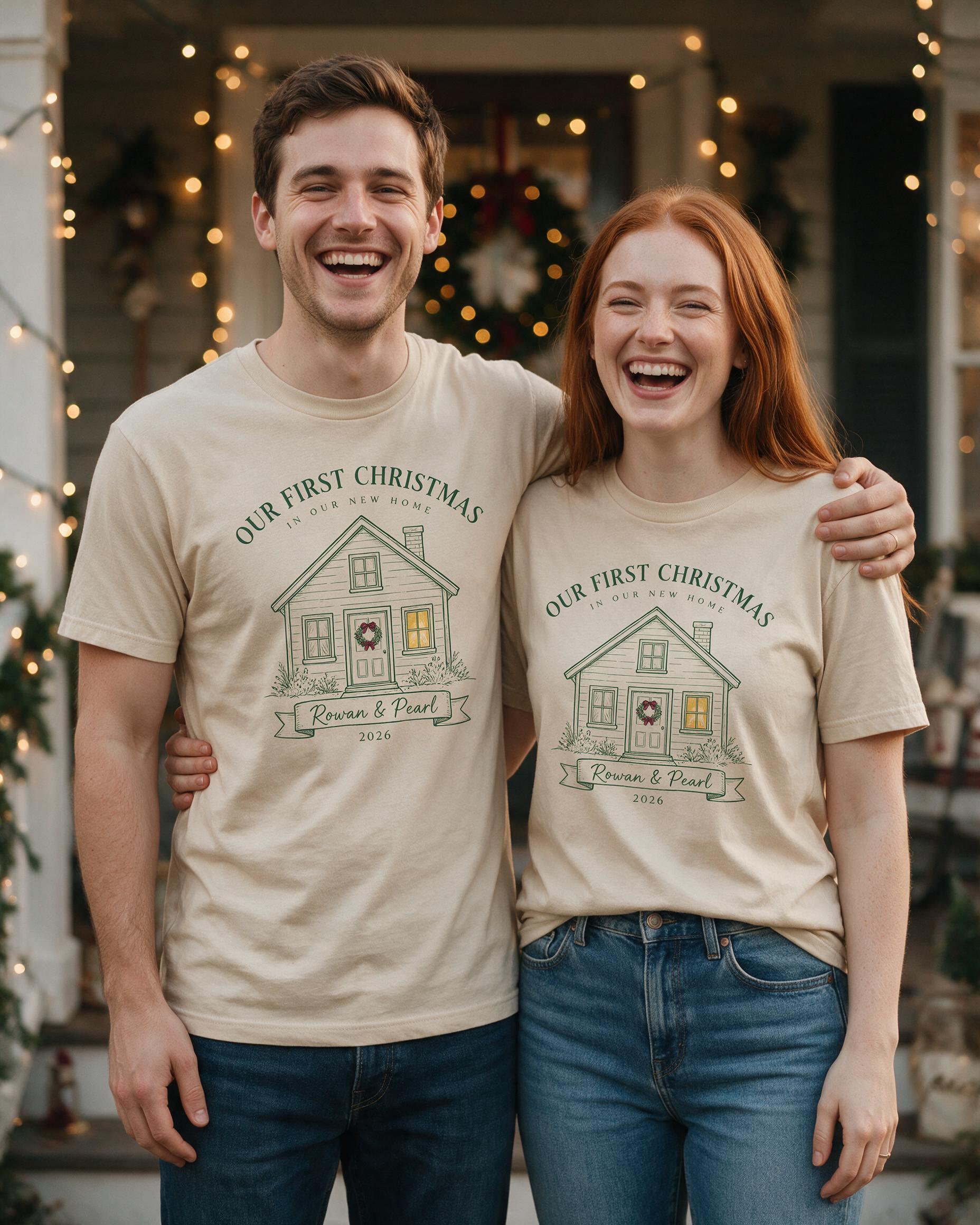 First Christmas In Our New Home Personalized Couple Shirt β Sand