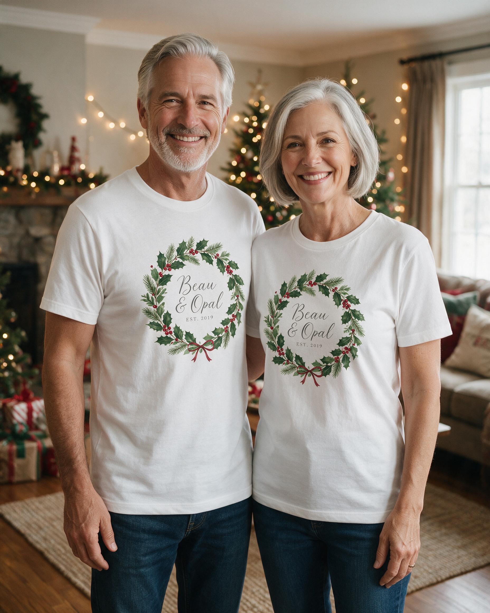 Christmas Anniversary Wreath Couple Names Est Year Shirt — White