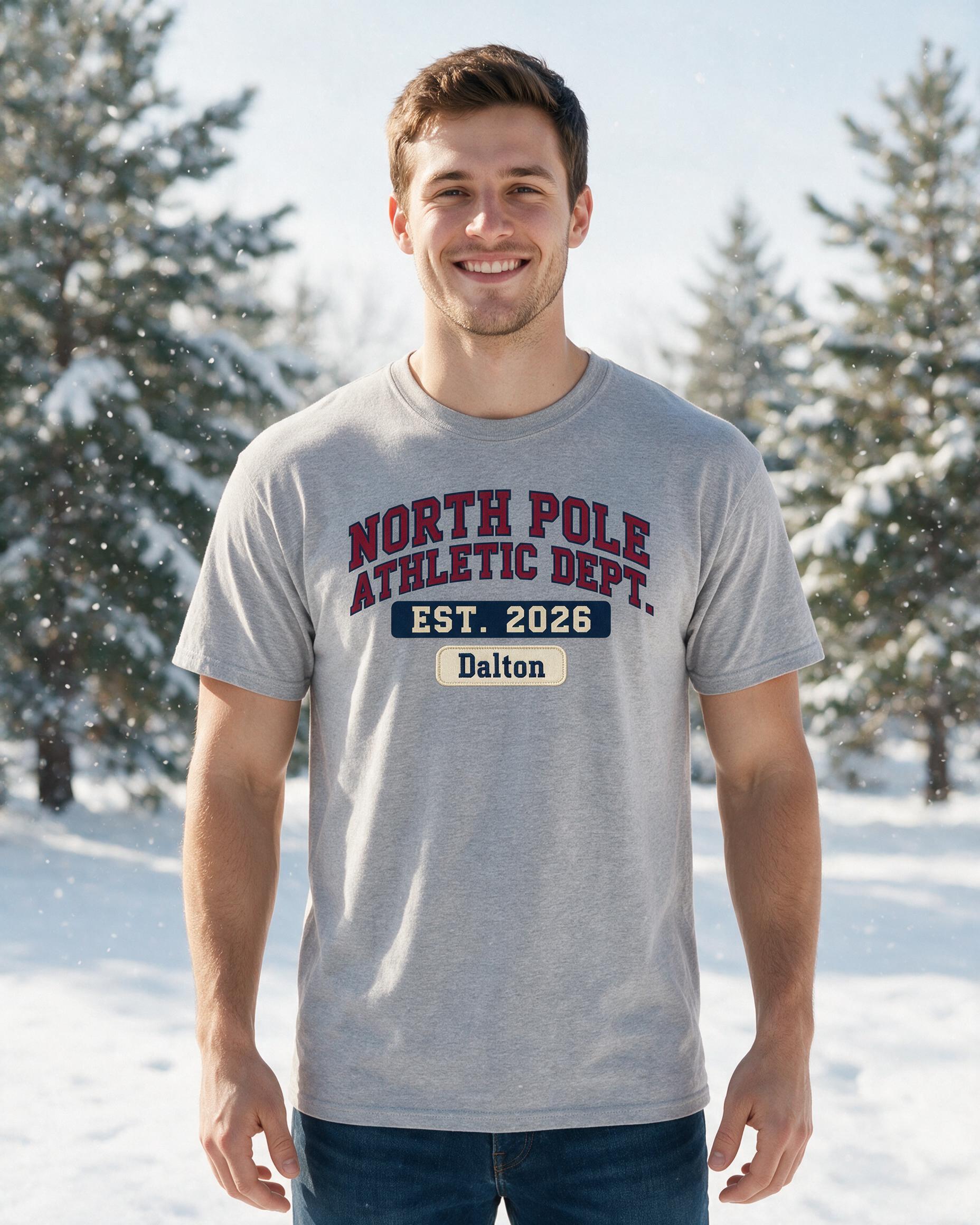 North Pole Athletic Dept Est 2026 Name Christmas Shirt — Sport Grey
