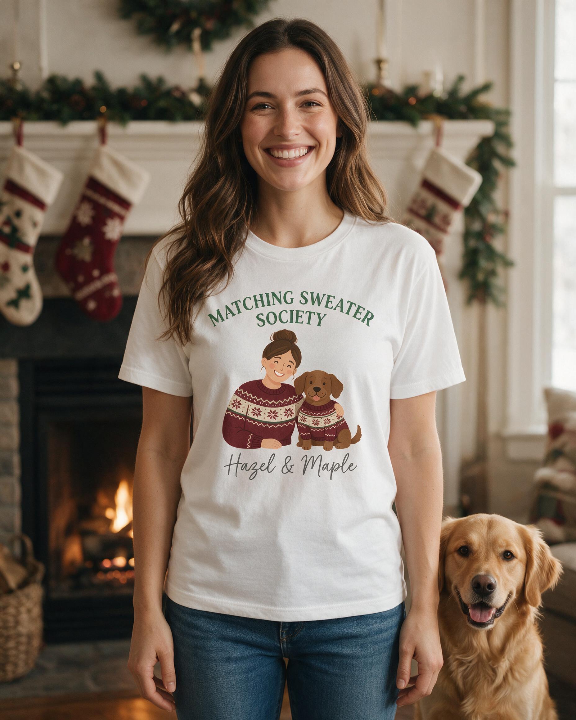 Matching Sweater Society Owner And Dog Names Christmas Shirt — White