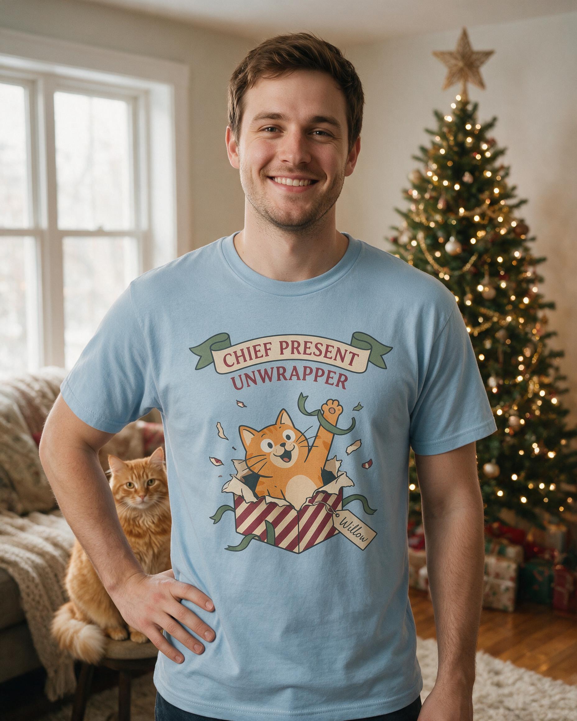 Chief Present Unwrapper Funny Cat Name Christmas Shirt — Light Blue