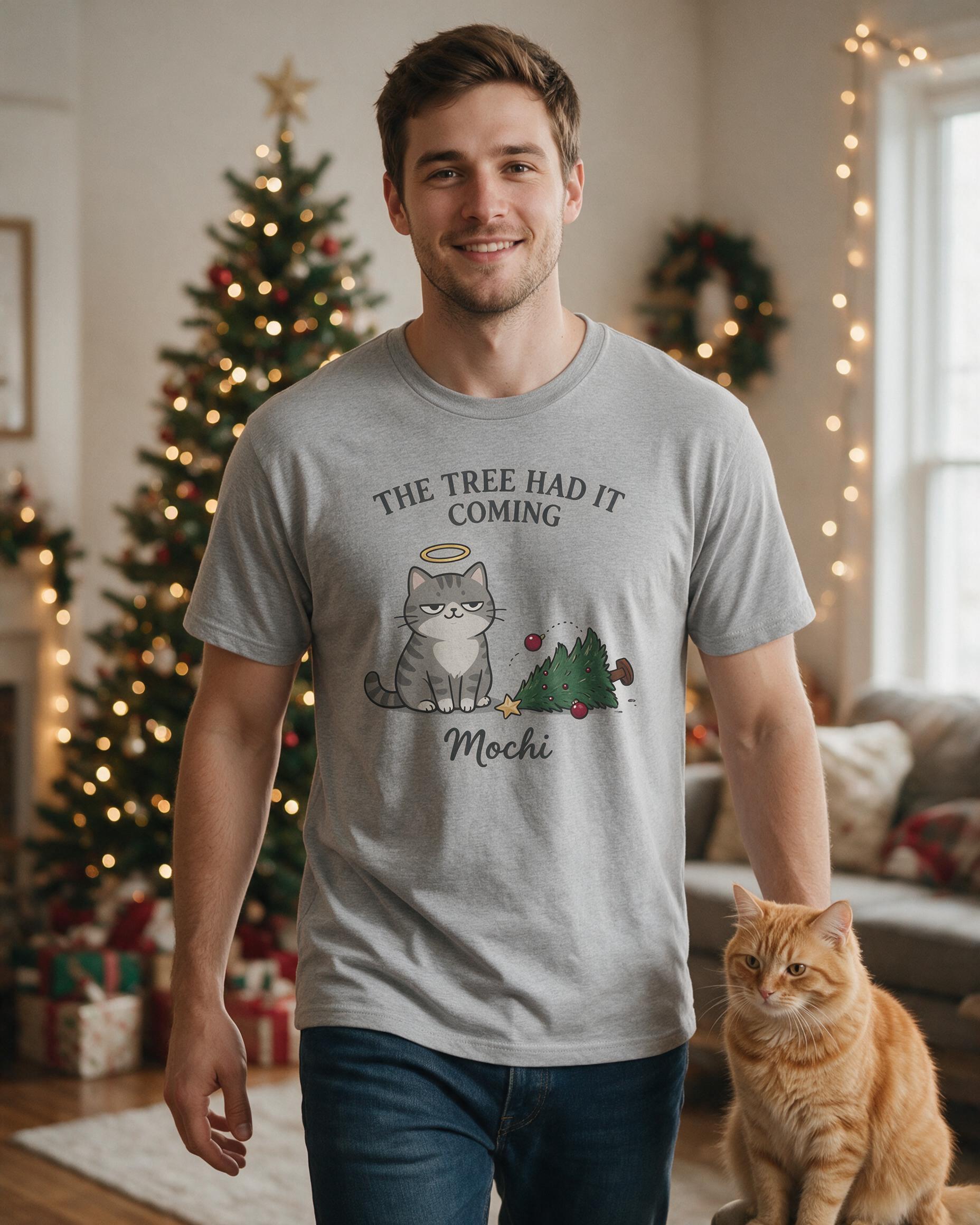The Tree Had It Coming Funny Cat Name Christmas Shirt — Sport Grey