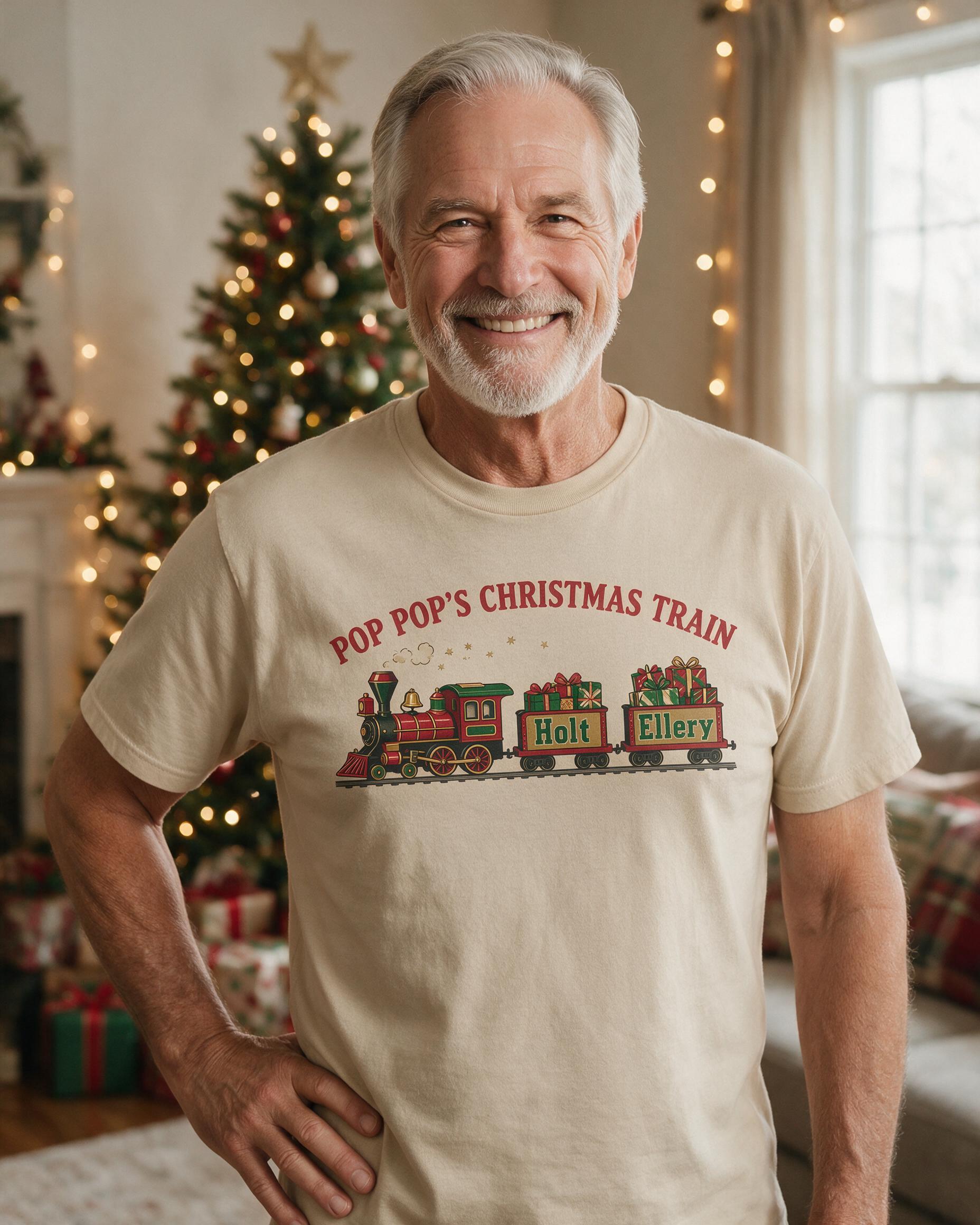 Pop Pop's Christmas Train Two Grandkid Names Shirt — Sand