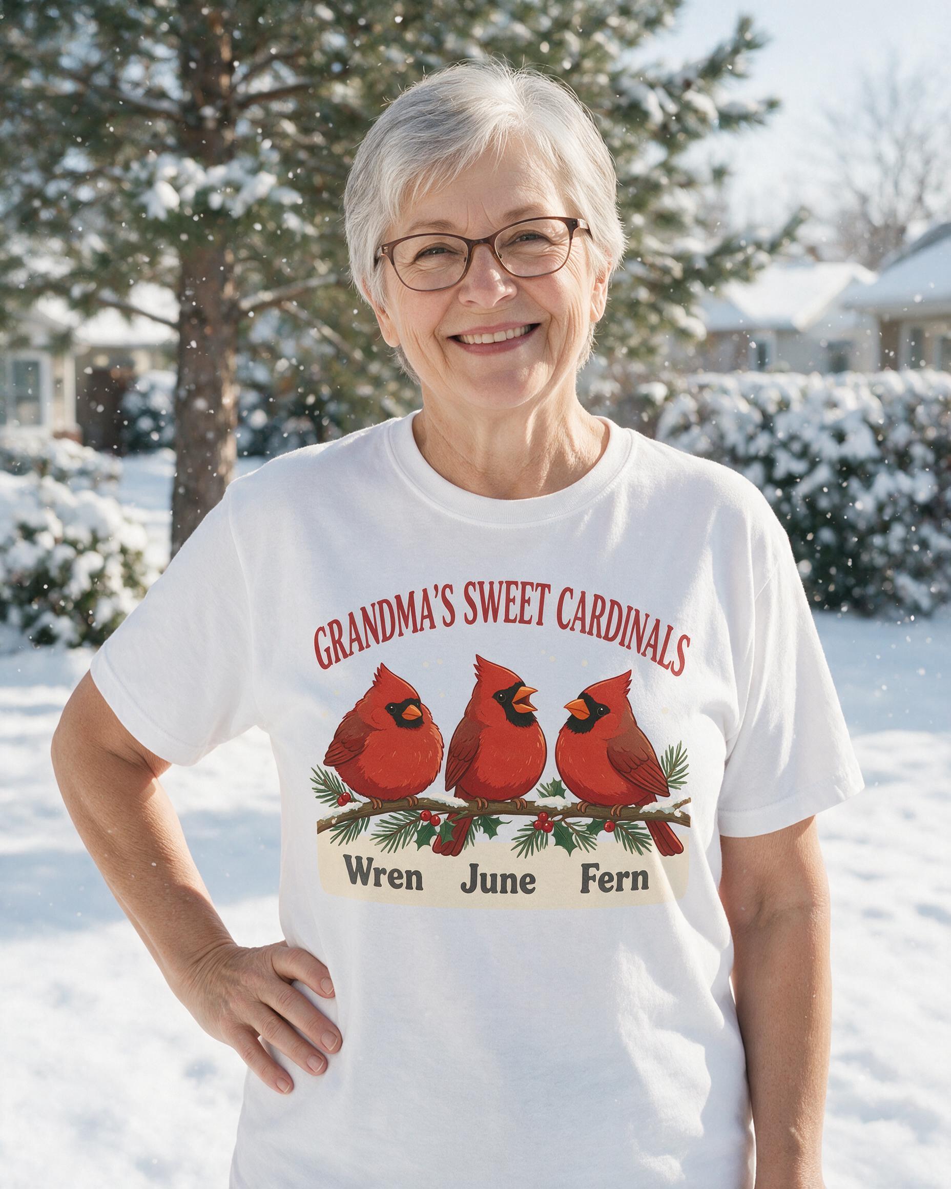 Grandma's Sweet Cardinals Three Names Christmas Shirt β White