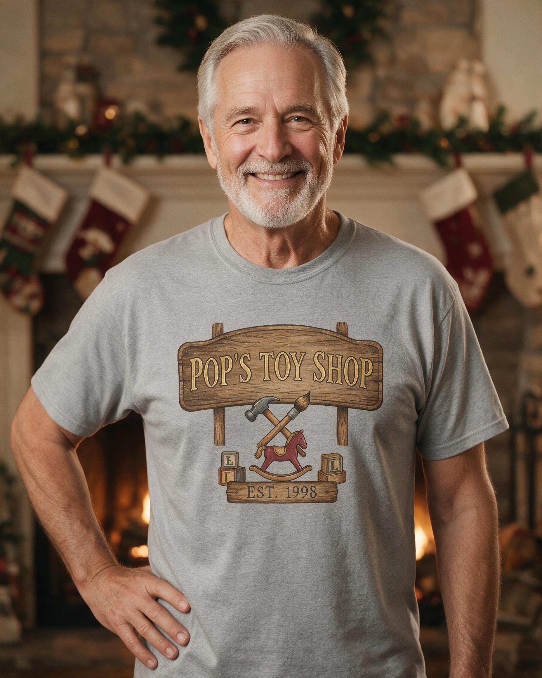 Pop's Toy Shop Est Year Grandpa Christmas Shirt — Sport Grey