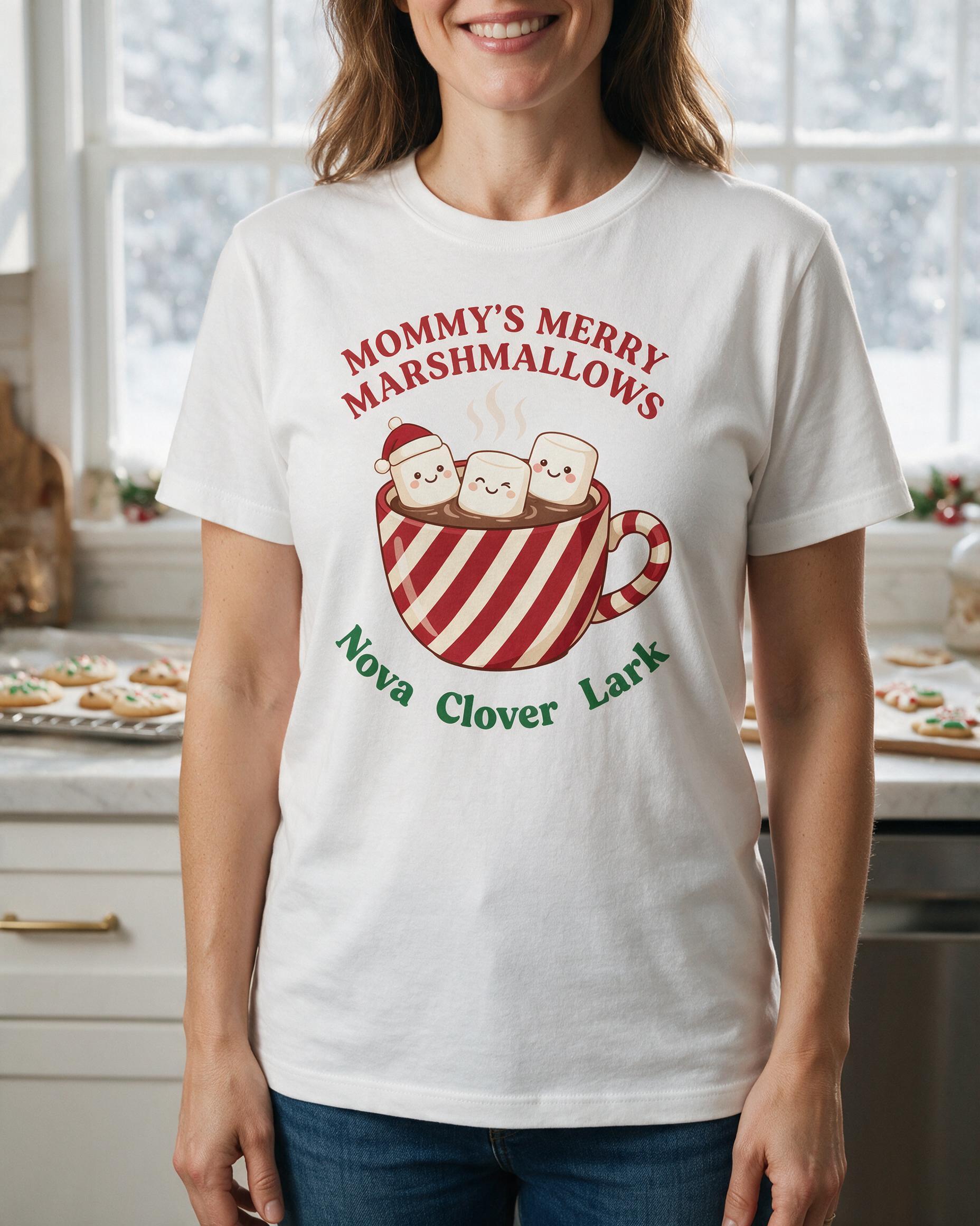 Mommy's Merry Marshmallows Three Names Christmas Shirt — White