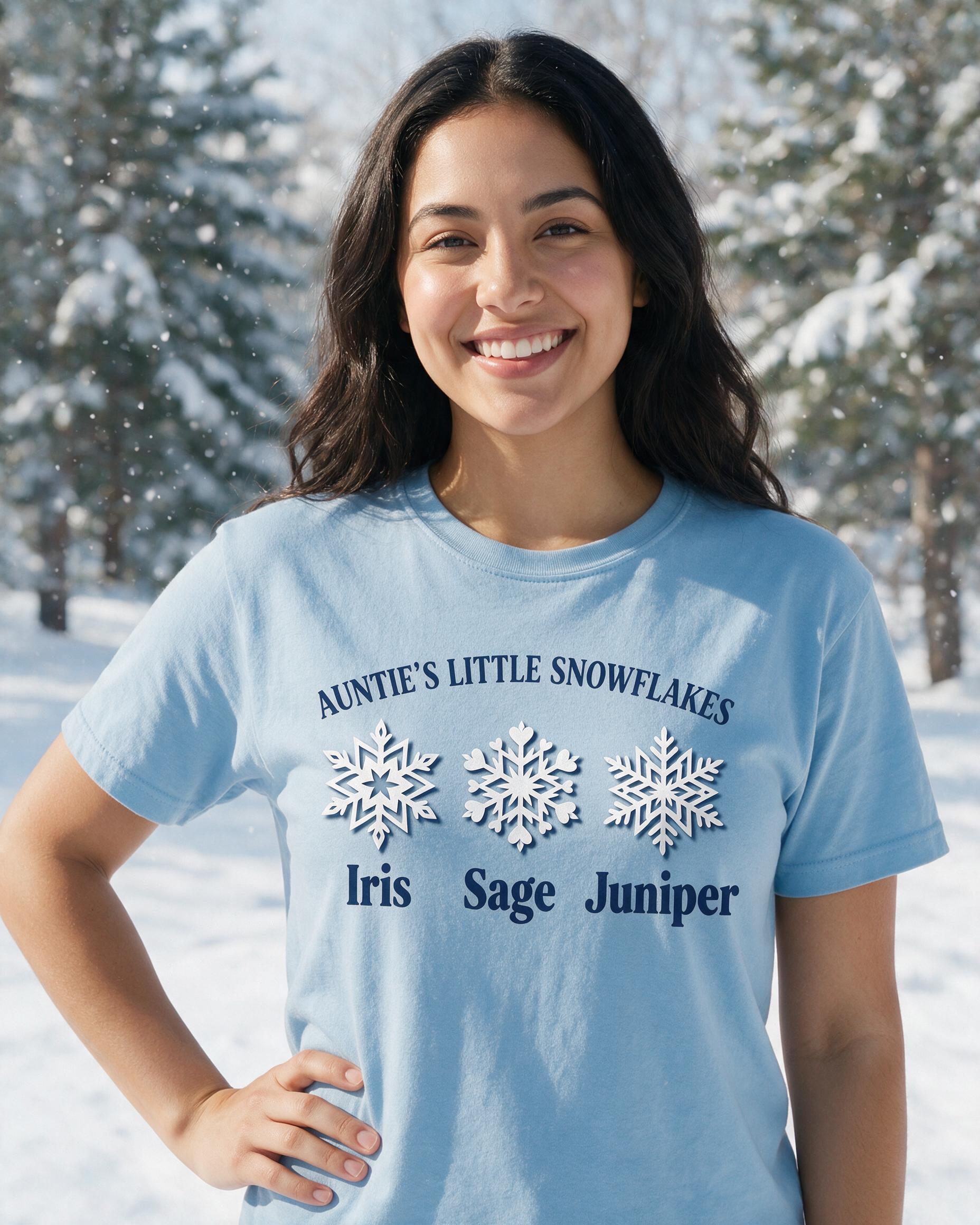 Auntie's Little Snowflakes Three Names Christmas Shirt β Light Blue