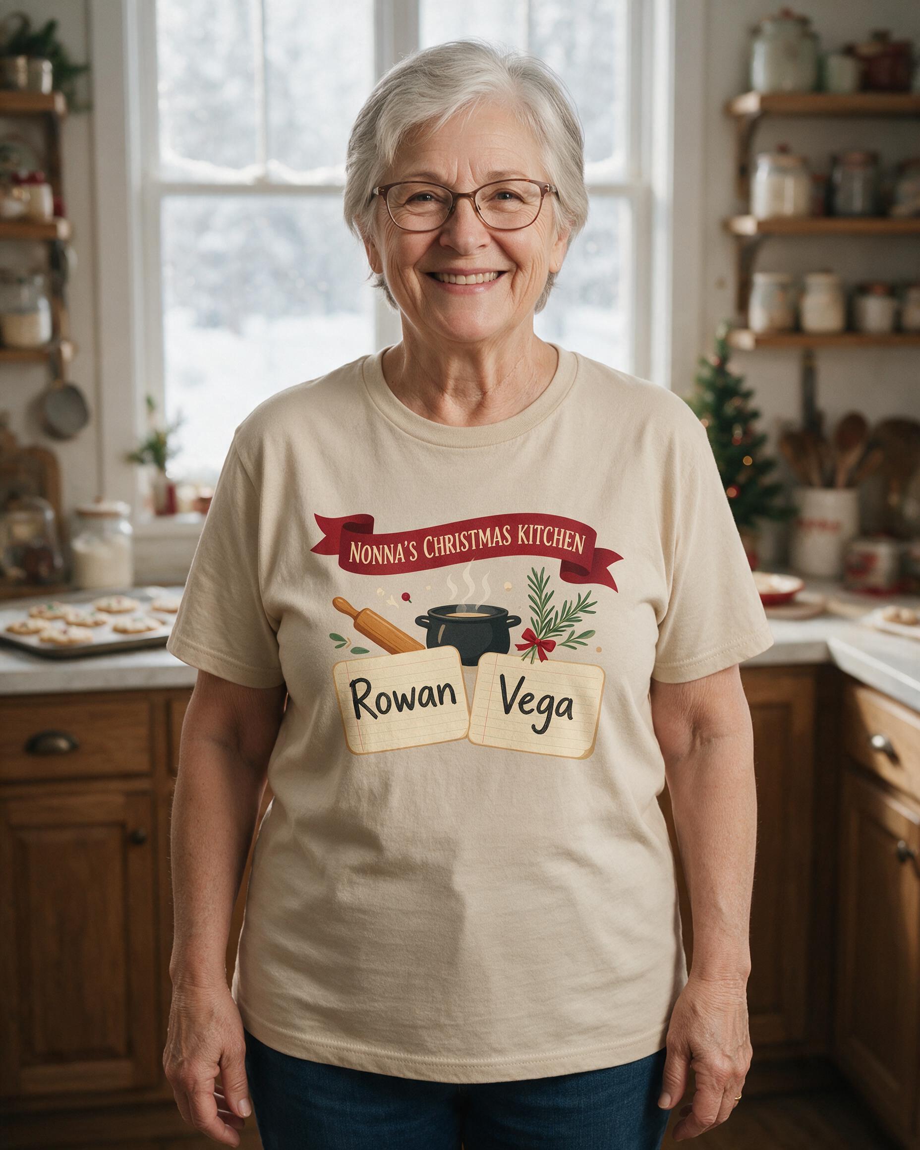 Nonna's Christmas Kitchen Two Names Personalized Shirt β Sand