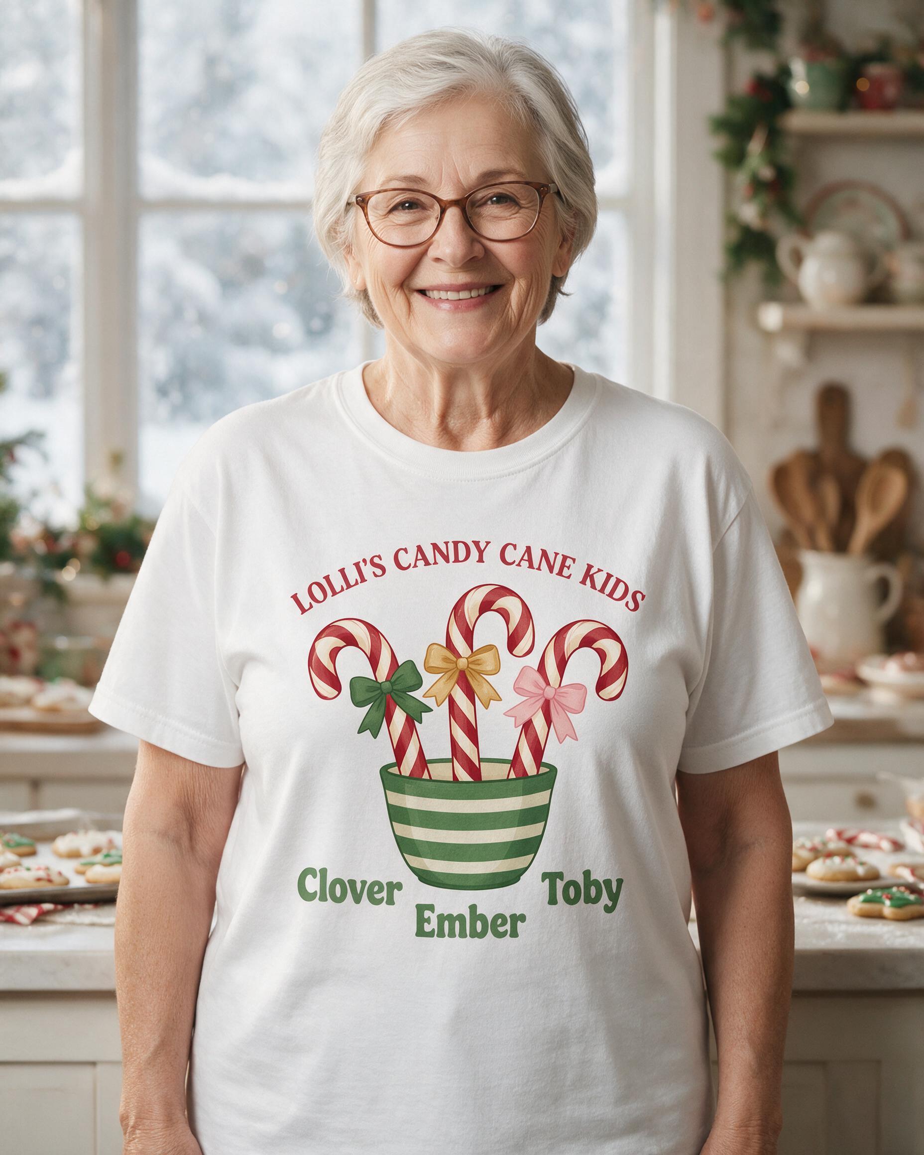 Lolli's Candy Cane Kids Three Names Christmas Shirt — White