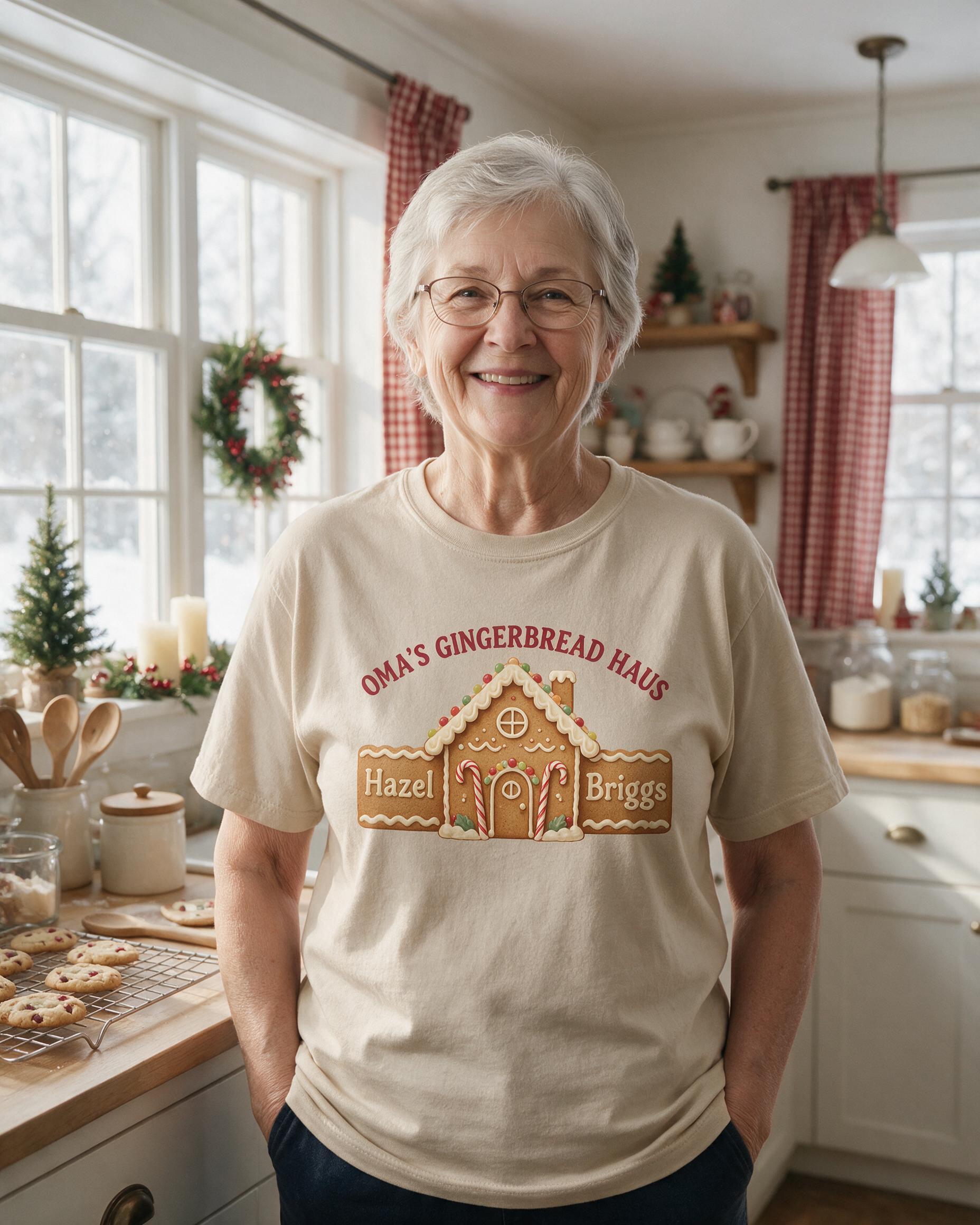 Oma's Gingerbread Haus Two Names Christmas Shirt — Sand