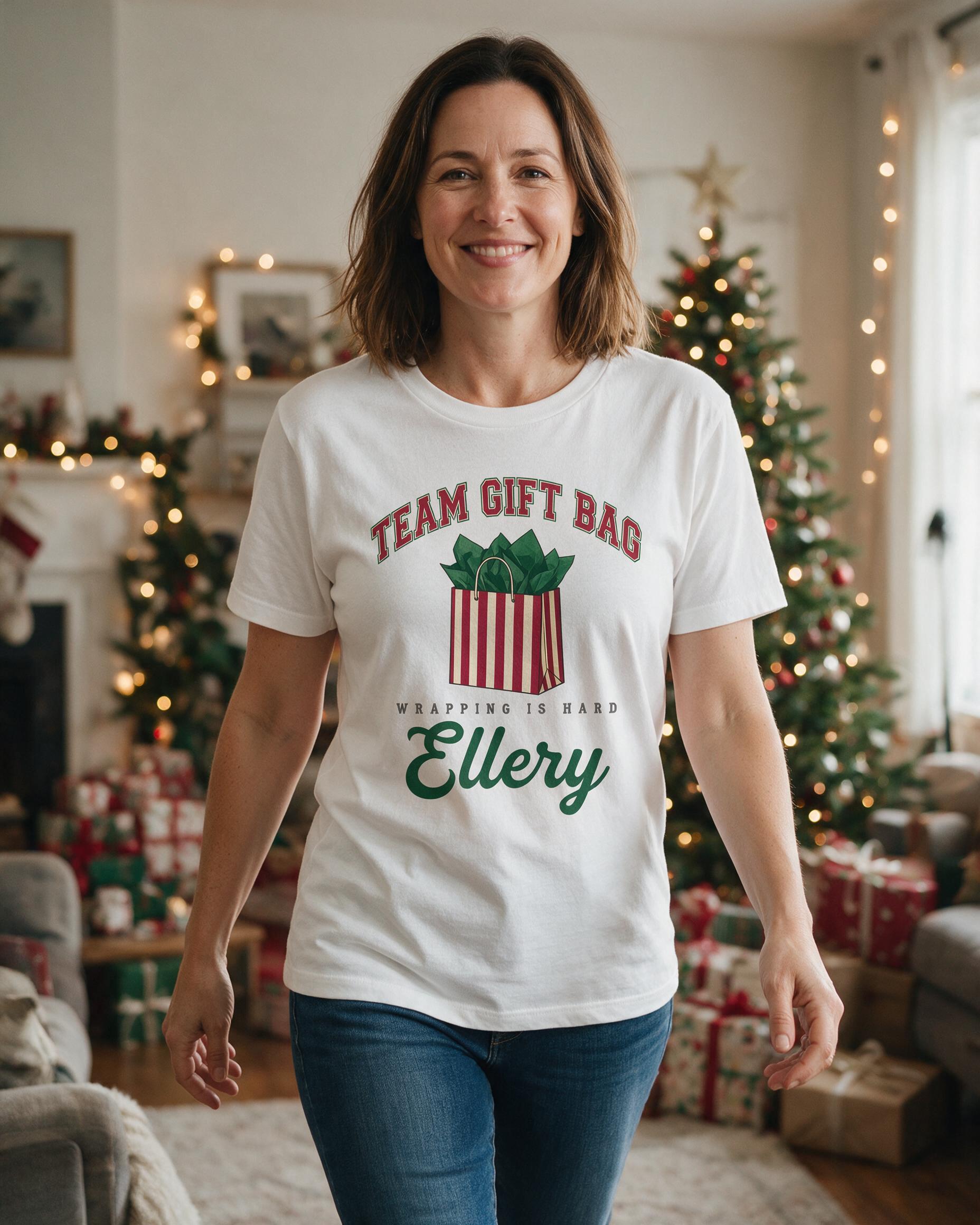 Team Gift Bag Wrapping Is Hard Funny Christmas Shirt — White