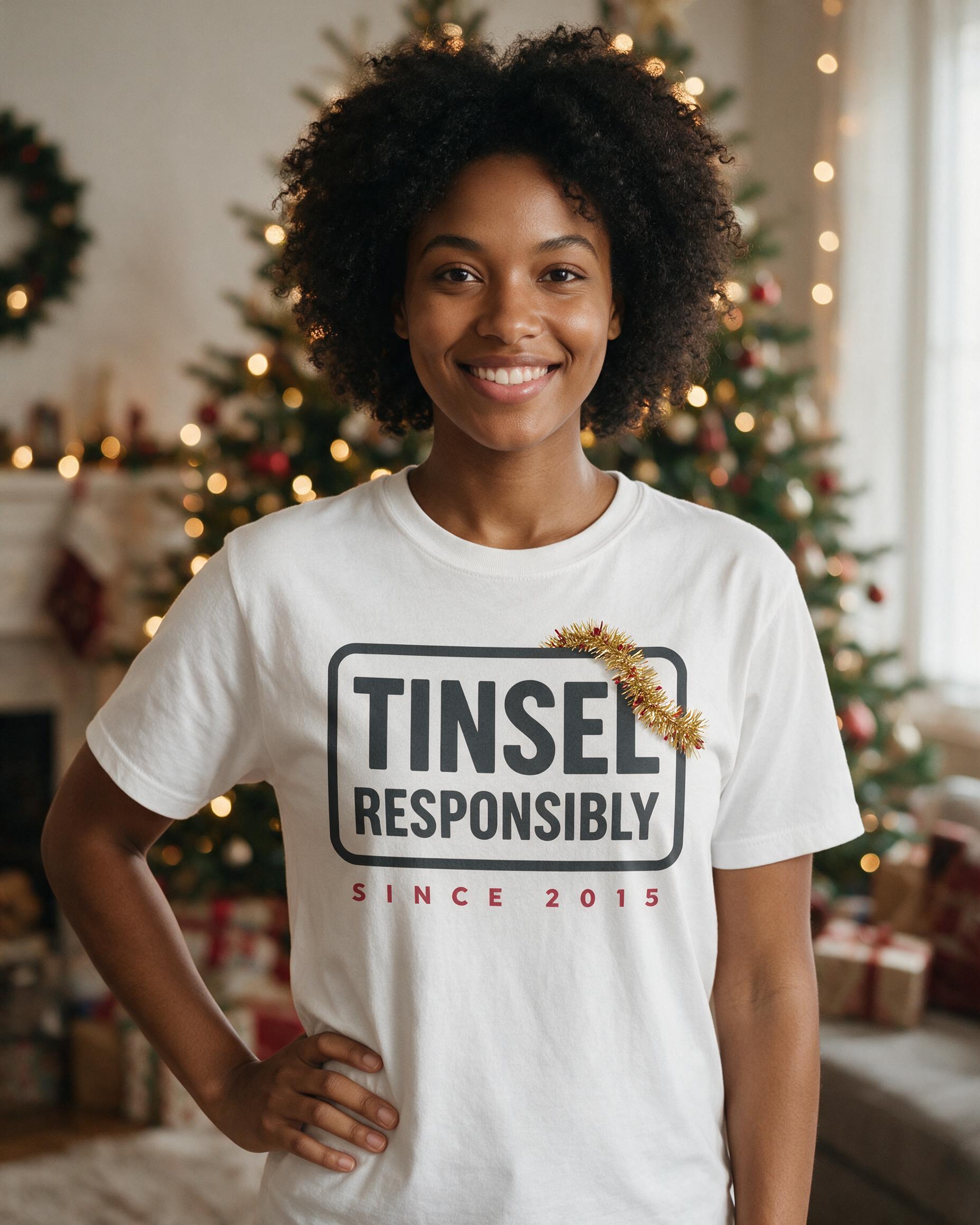 Tinsel Responsibly Funny Year Christmas Shirt — White