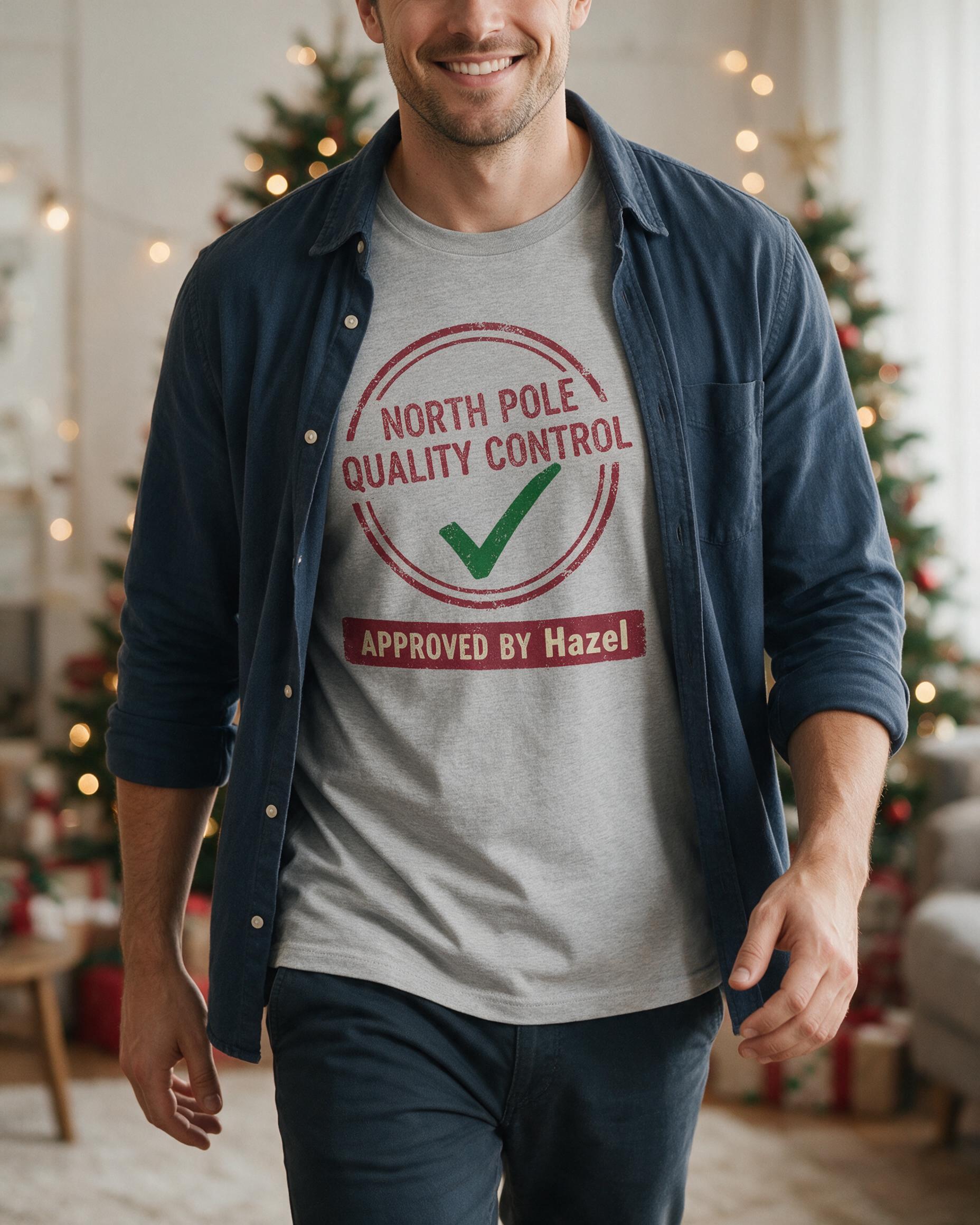 North Pole Quality Control Funny Name Christmas Shirt — Sport Grey