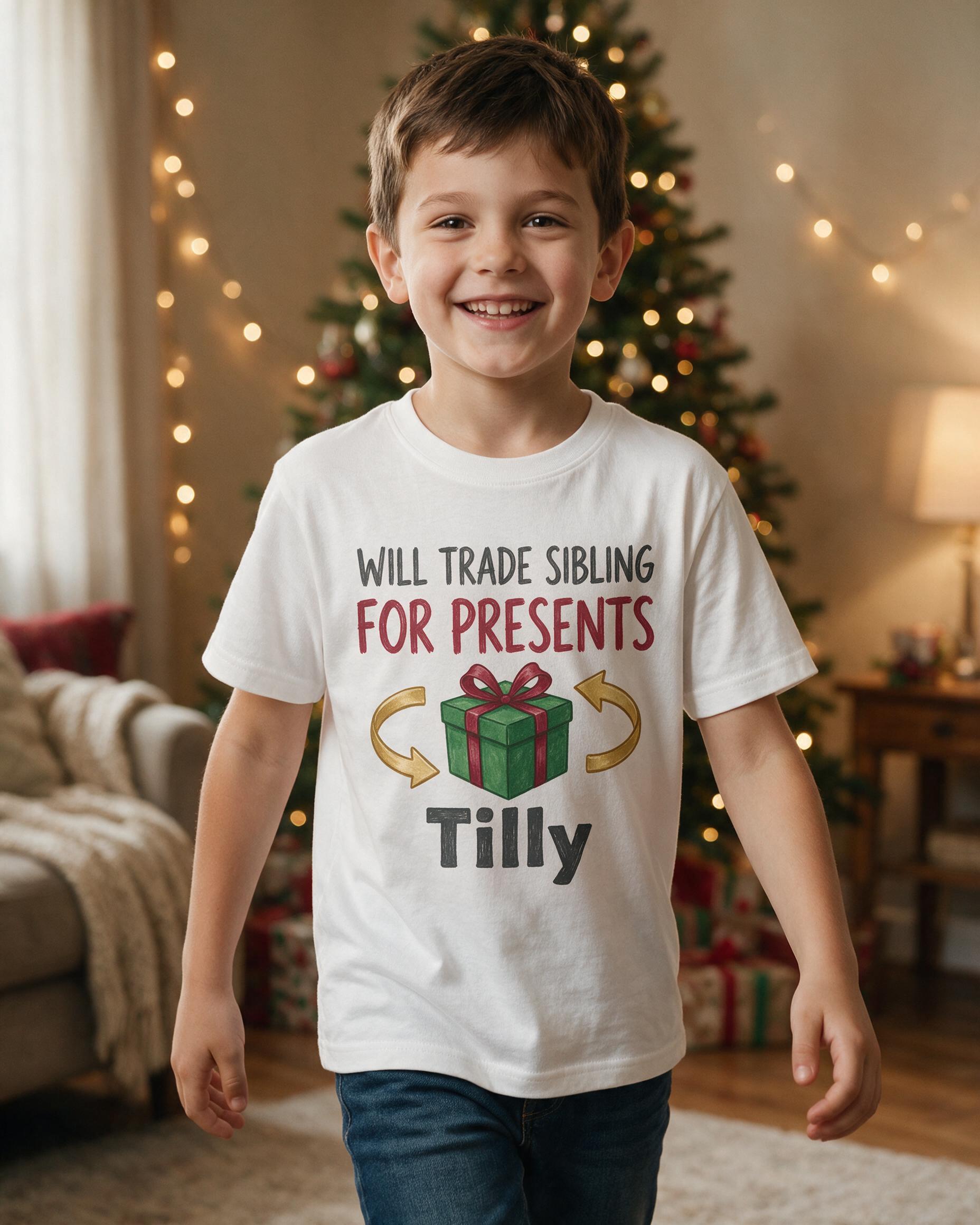 Will Trade Sibling For Presents Funny Kids Name Shirt — White