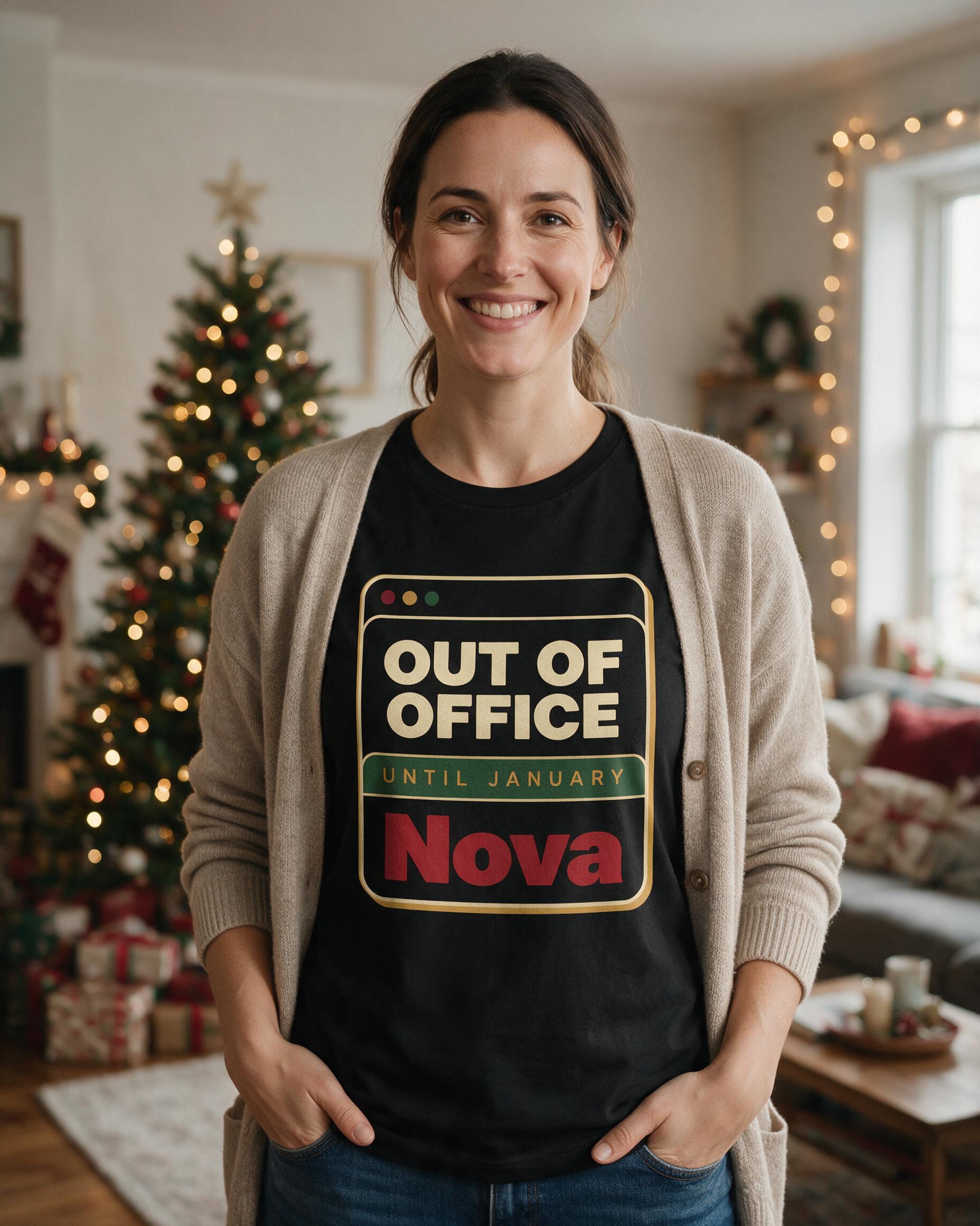 Out Of Office Until January Funny Christmas Shirt — Black